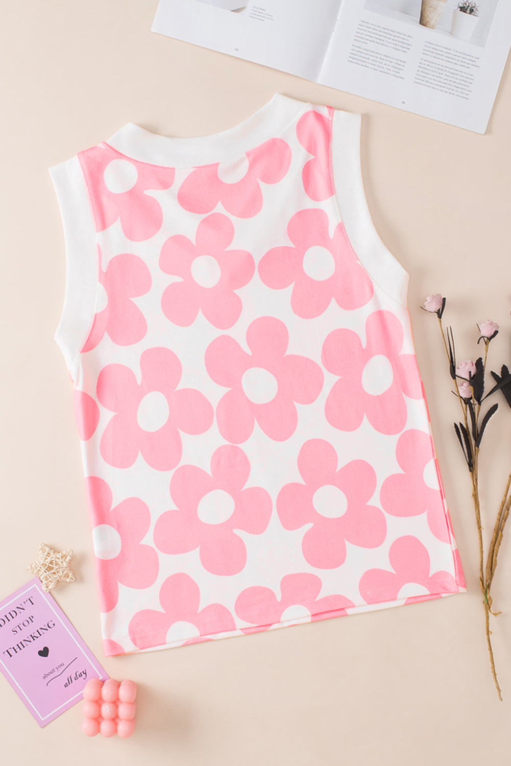 Pink 60s Floral Print V Neck Contrast Trim Knitted Vest 