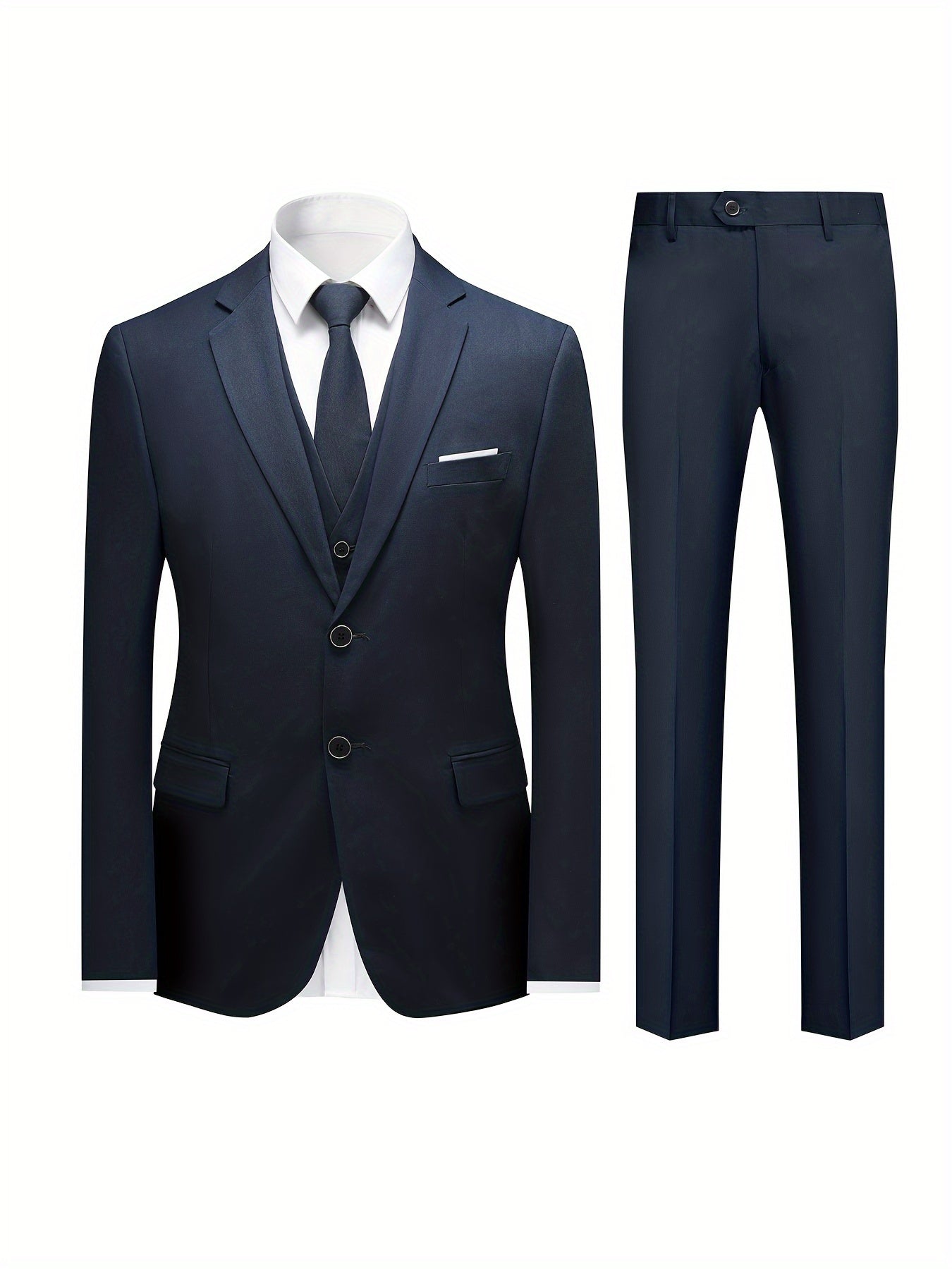 3-Piece Mens Classic Suit Set - Fashionable Solid Blazer, Vest & Pants - Stylish Two-Button Design - Versatile Casual-Formal Style - Ideal for Office & Events