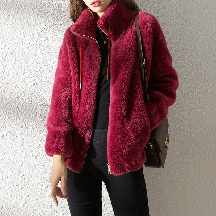 Double Faced Fleece Warm High Neck Sweater Women Cardigan 