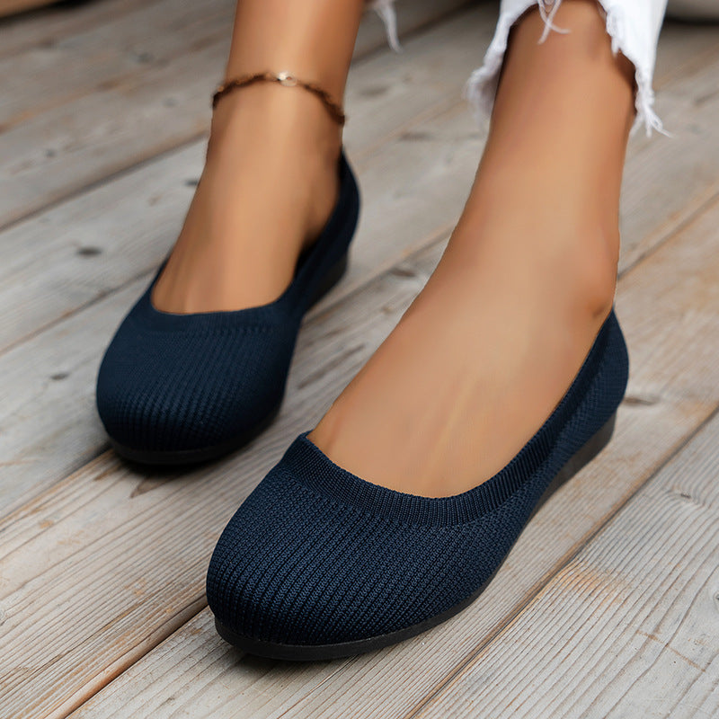 Round Toe Flats Shoes Casual Comfortable Soft Slip On Knit Mesh Shoes For Women 
