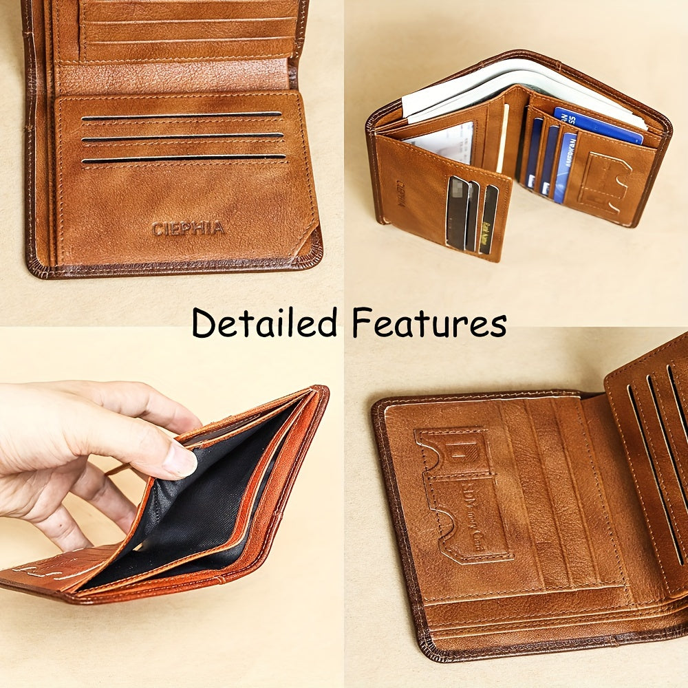 1pc CIEPHIA Card Holder or RFID Blocking Wallet for Men - Slim Minimalist Vintage Leather Wallet with Anti-Theft, Genuine Cowhide, Compact Bi/Fold Design, ID Window - Gifts for Dad, Husband, Boyfriend - RFID Protection, Durab