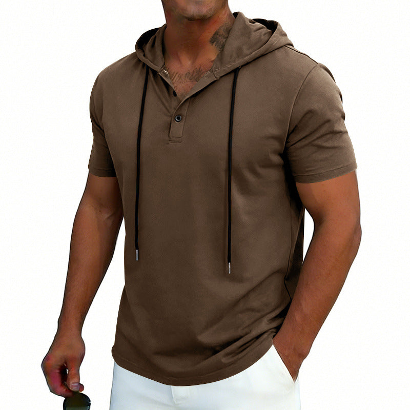 Men's Henley-Neck Drawstring Short-Sleeve Hoodie T-Shirt 