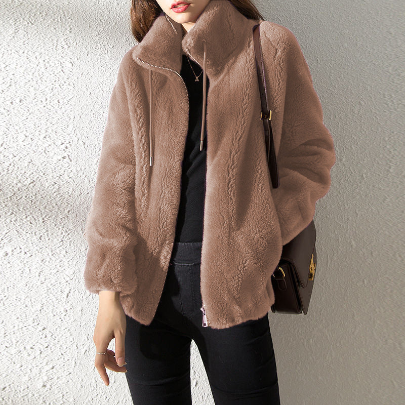 Double Faced Fleece Warm High Neck Sweater Women Cardigan 