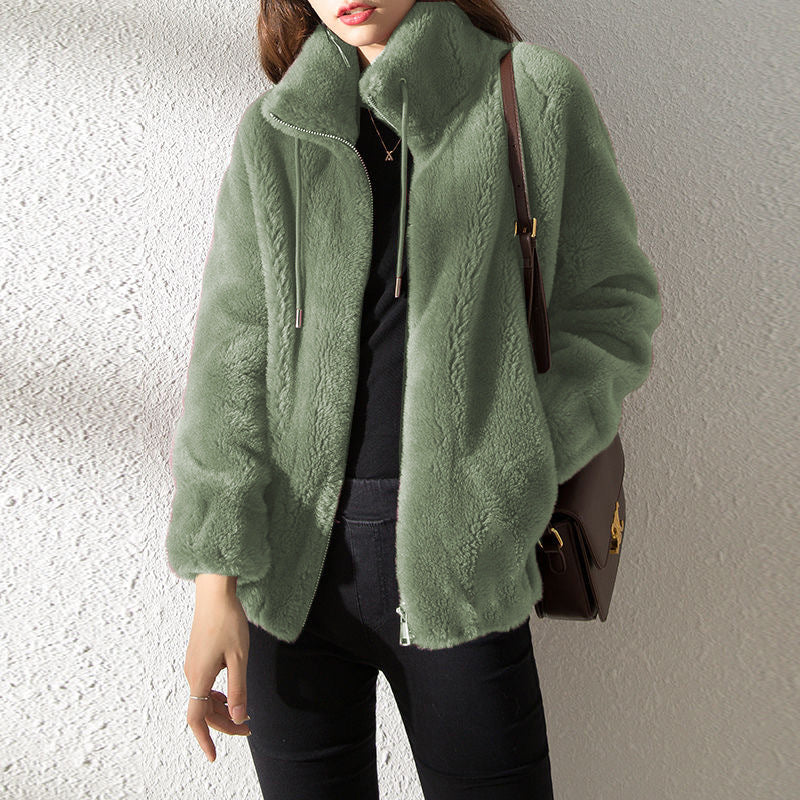 Double Faced Fleece Warm High Neck Sweater Women Cardigan 