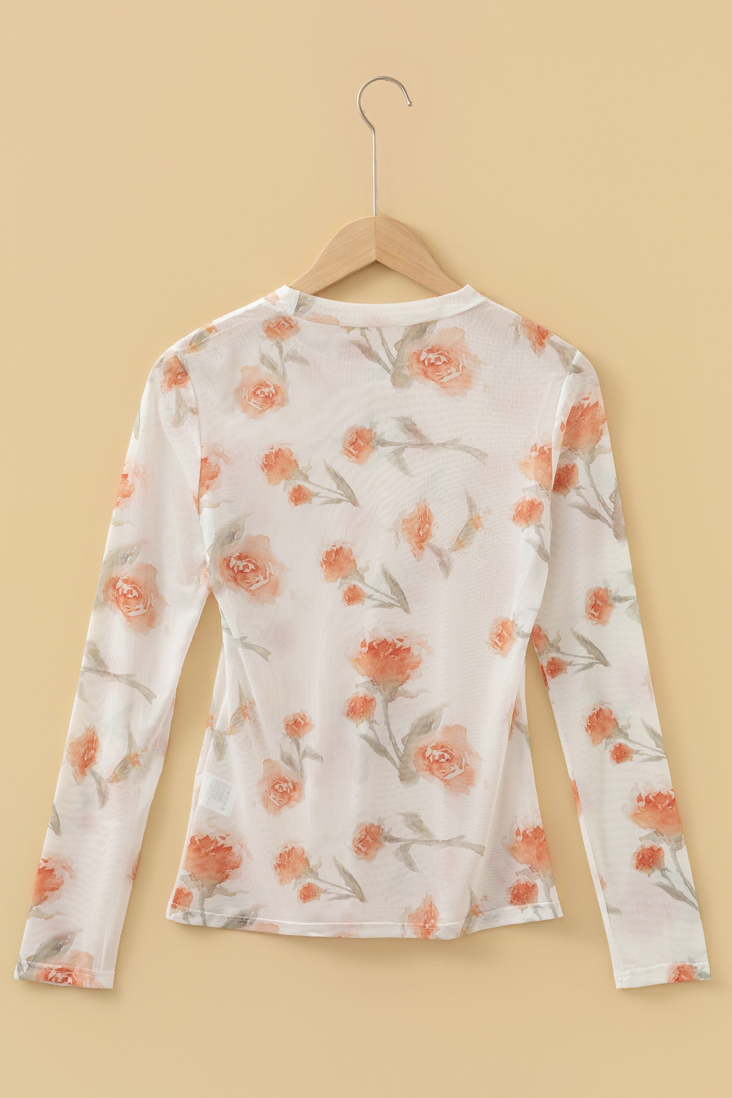 Casual Round Neck Floral Print Mesh Long Sleeve Top 