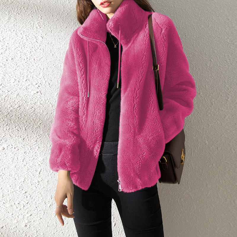 Double Faced Fleece Warm High Neck Sweater Women Cardigan 