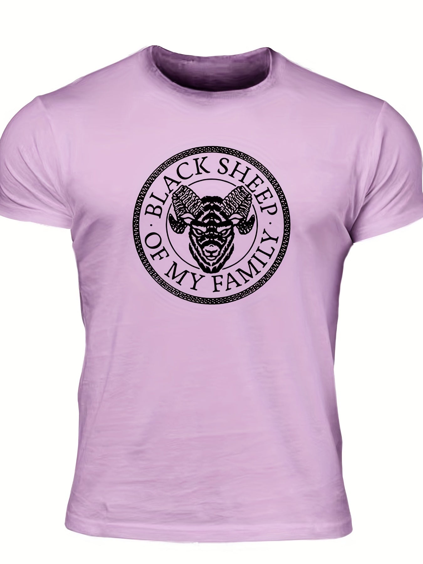 "Black Sheep Of My Family", Men's Sheep Graphic T-shirt, Casual Comfy Slightly Stretch Crew Neck Tee, Men's Clothing For Summer Outdoor