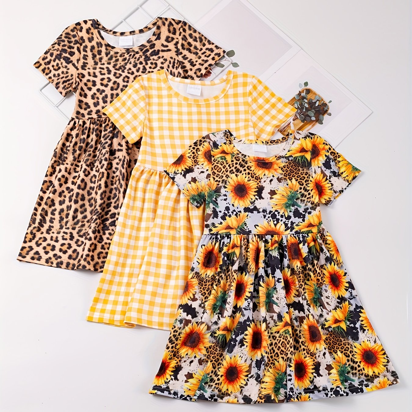 3pcs/set 3-Piece Sunflower and Polka Dot Stripe Princess Dress Set for Girls, Toddler Summer Clothes for Beach Vacation Party