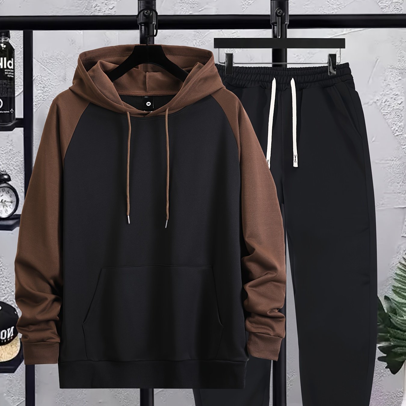 Autumn and Winter Shoulder Insert Men's Hoodie Casual Suit with Patchwork Color Craft, Regular Long Sleeve Hoodie and Drawstring Sports Trousers Two-piece Set