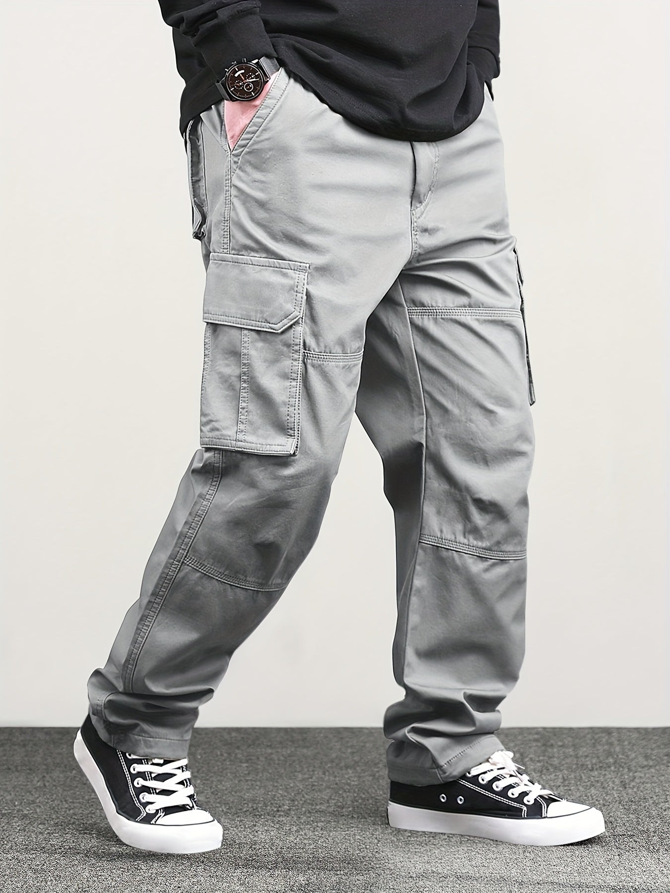 Mens Classic Solid Color Cargo Pants - Multiple Flap Pockets, Straight-Leg, Drawstring Elastic Waist, Loose Fit for Ultimate Comfort - Perfect for Hiking, Fishing, Streetwear, Outdoor Camping, Weekend Casual Style, All-Season