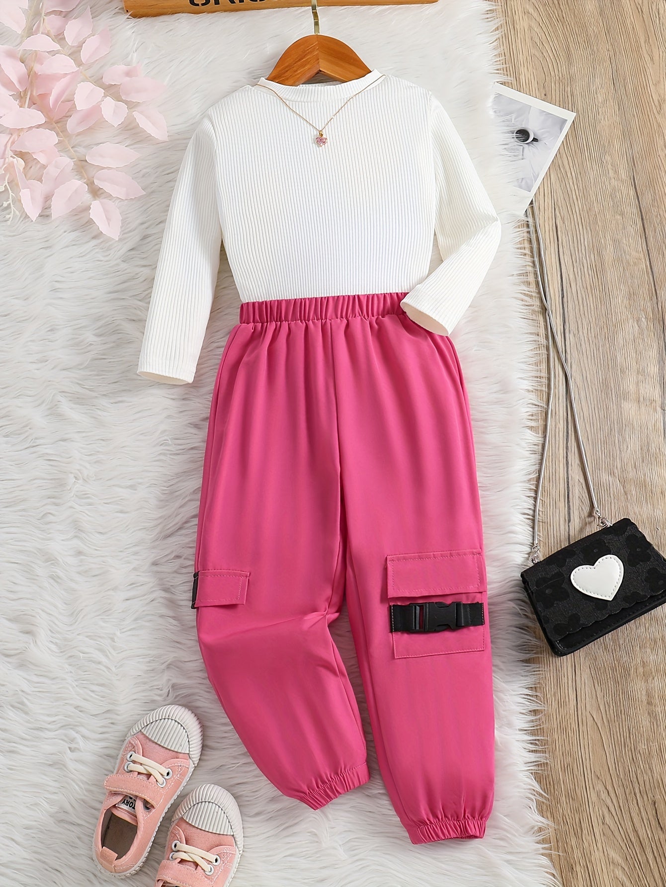 2pcs Girl's Cargo Pants Outfit, Ribbed Long Sleeve Top & Trendy Cargo Pants Set, Toddler Kid's Clothes For Spring Fall