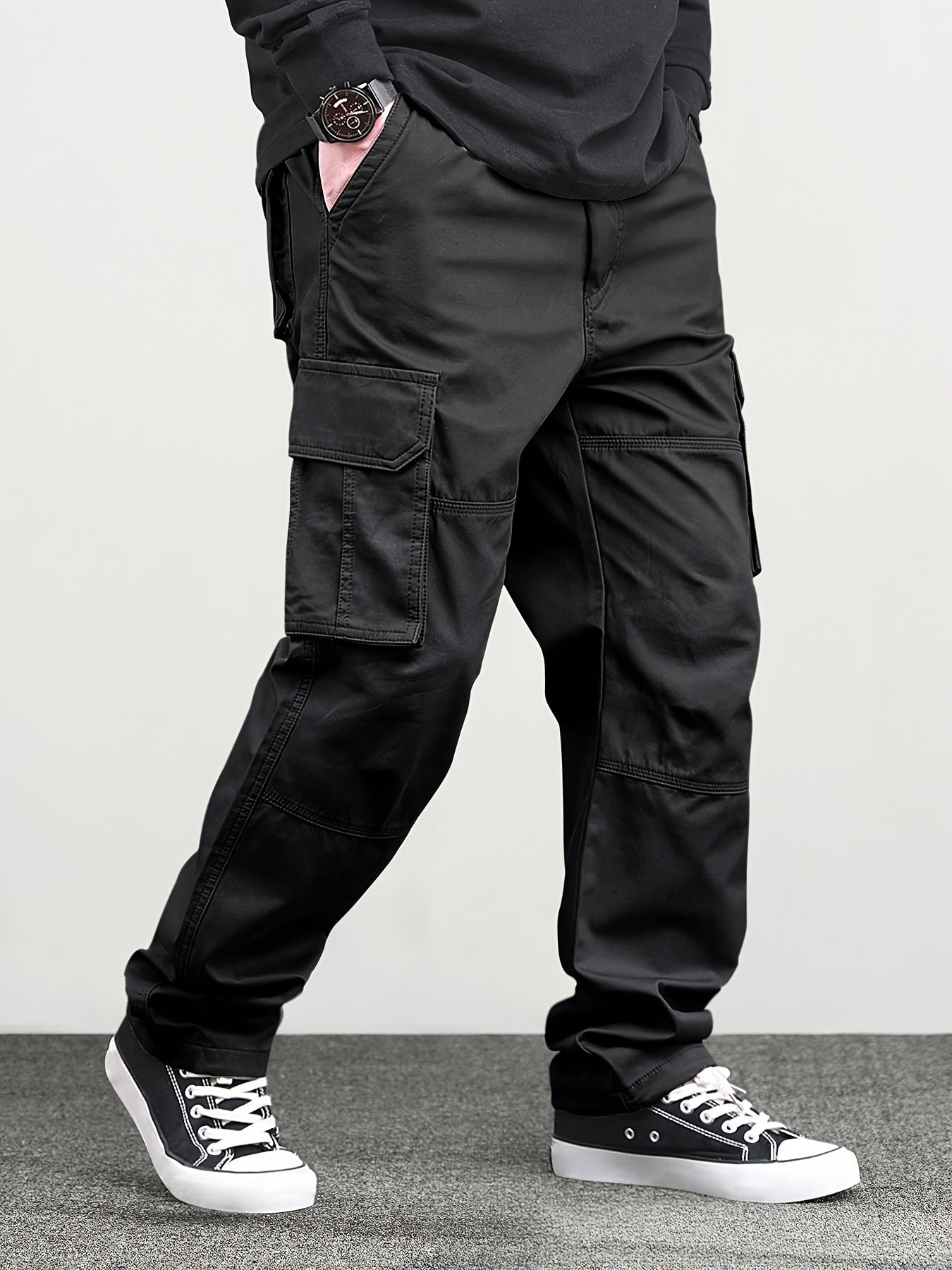Mens Classic Solid Color Cargo Pants - Multiple Flap Pockets, Straight-Leg, Drawstring Elastic Waist, Loose Fit for Ultimate Comfort - Perfect for Hiking, Fishing, Streetwear, Outdoor Camping, Weekend Casual Style, All-Season