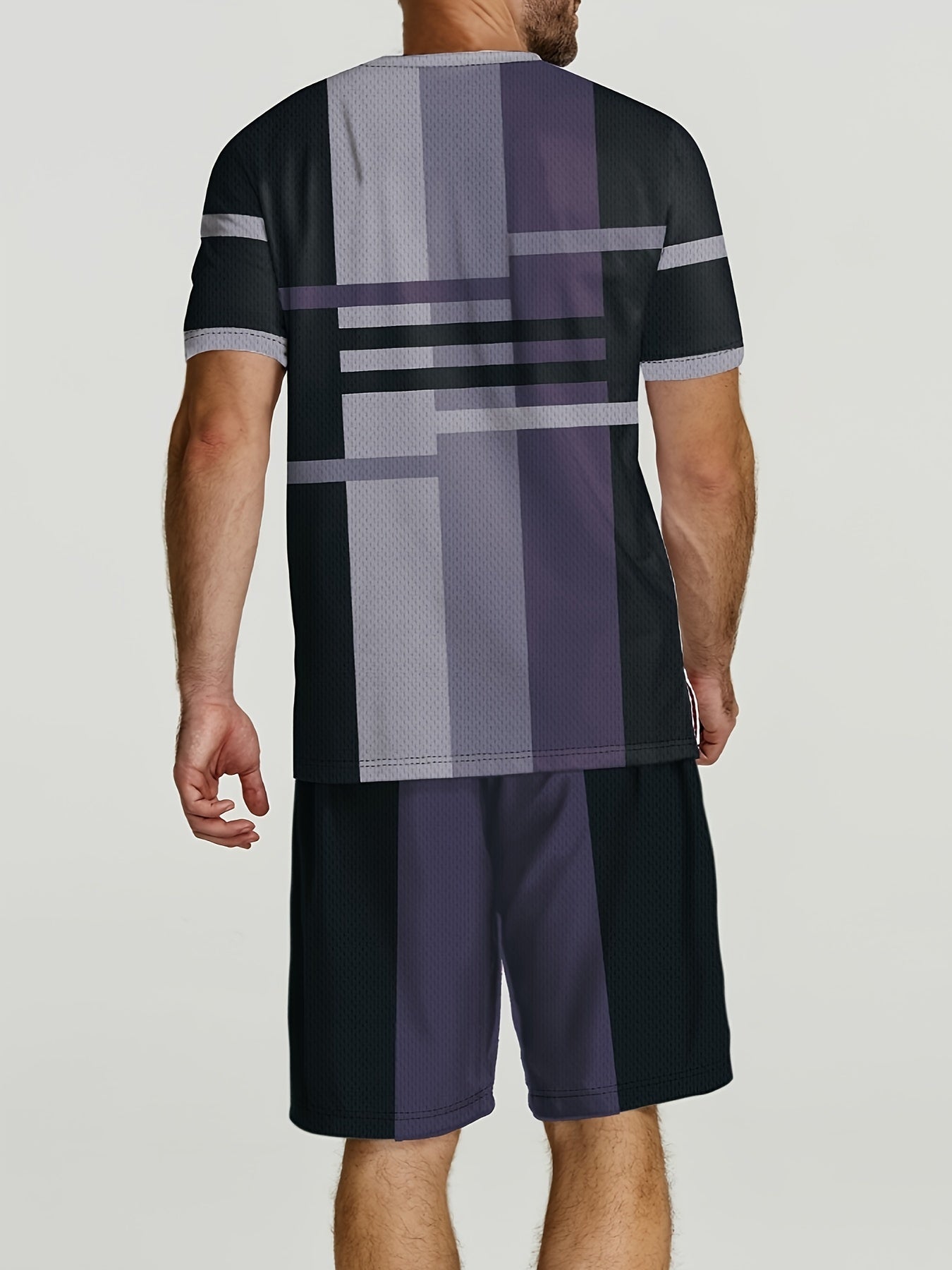 2-Piece Mens Casual Co-ord Set - Color Block Pattern Crew Neck Short Sleeve T-Shirt and Drawstring Shorts with Pockets - Machine Washable, Slight Stretch, Trendy and Chic for Summer Street and Workout Wear