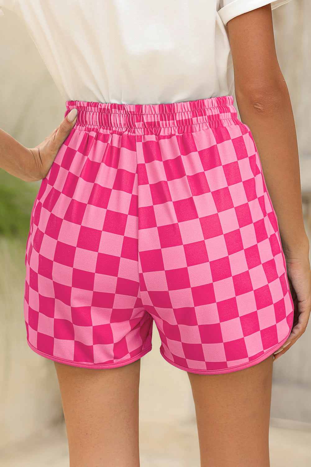 Rose Checkered Drawstring Elastic Waist Casual Shorts 