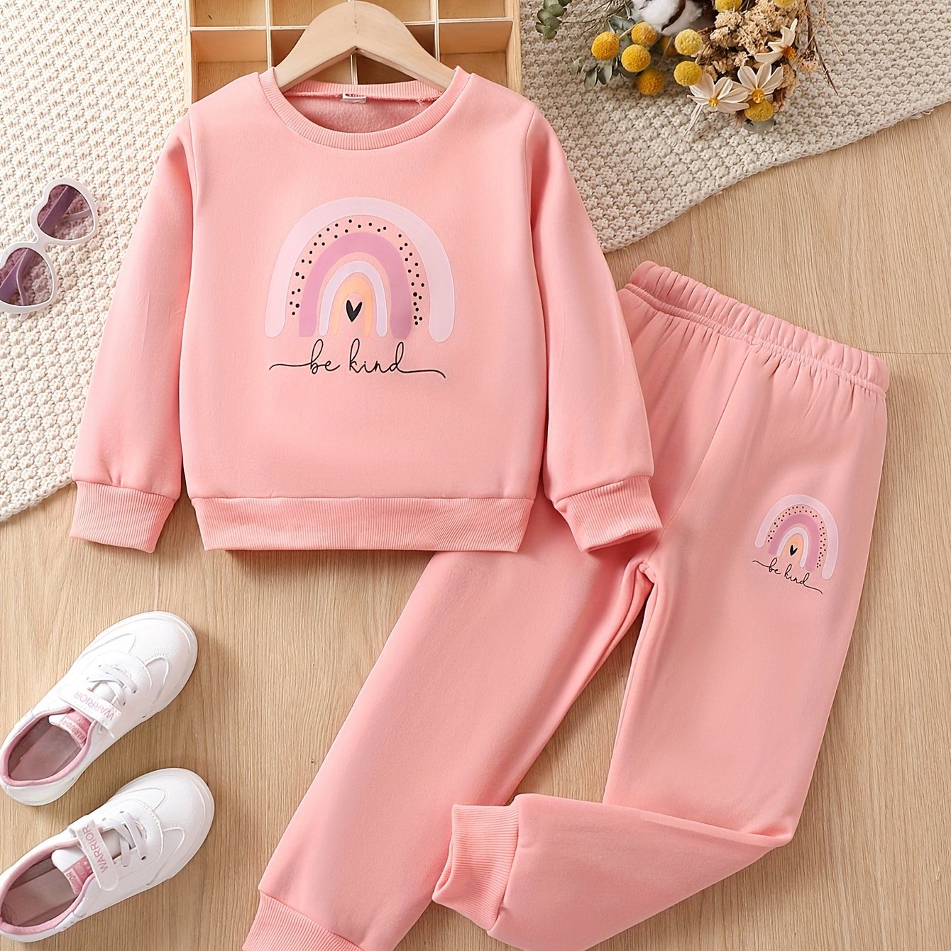 Girls 2pcs "Be Kind" And Rainbow Print Top & Jogger Pants Set, Thick Outfits Kids Clothes For Sports Spring Fall Winter