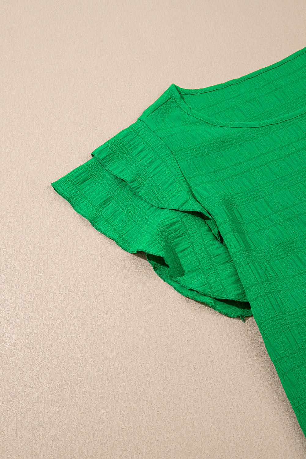 Dark Green Ruffle Sleeve Textured Smocked Blouse 