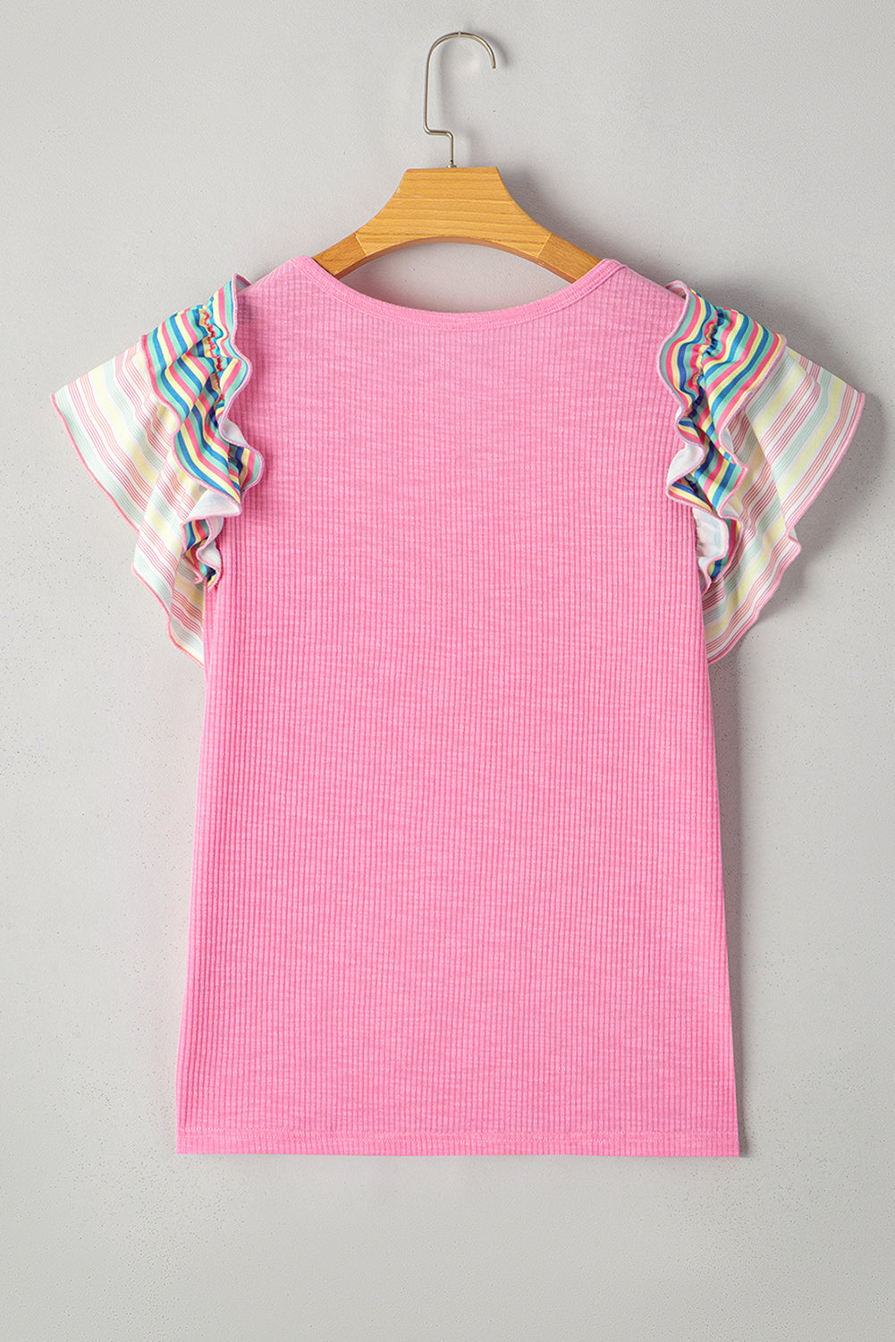Bonbon Striped Ruffle Flutter Sleeve Ribbed Blouse 