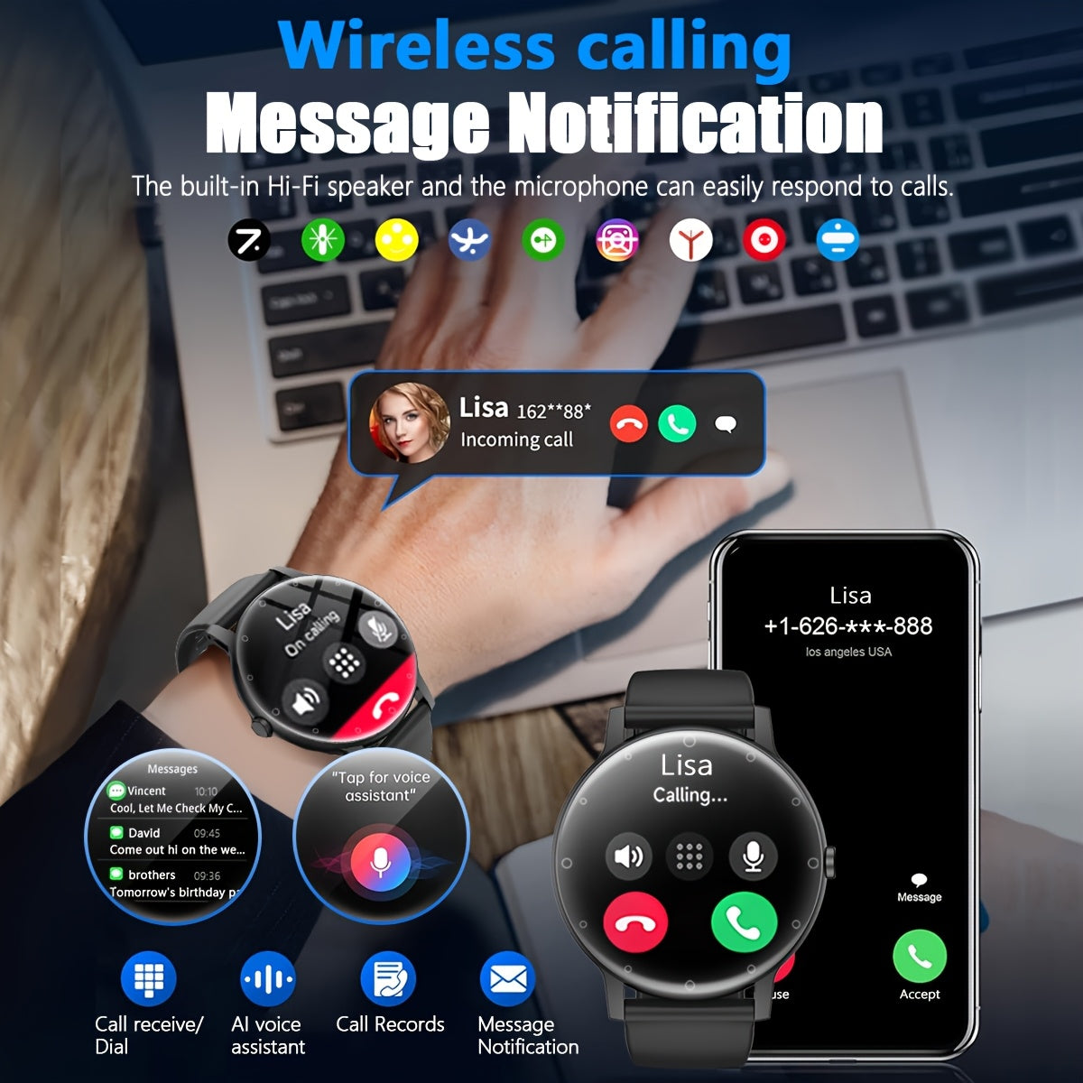 1pc Hailiases Smart Watch 1.39'' Full Touch Screen, Sleep Tracker, Wireless Calling, Music Control, 100+ Sports Modes, AI Voice Control, Fitness Bracelet, Rechargeable 200mAh Battery, Non-Waterproof, Compatible with Android/i