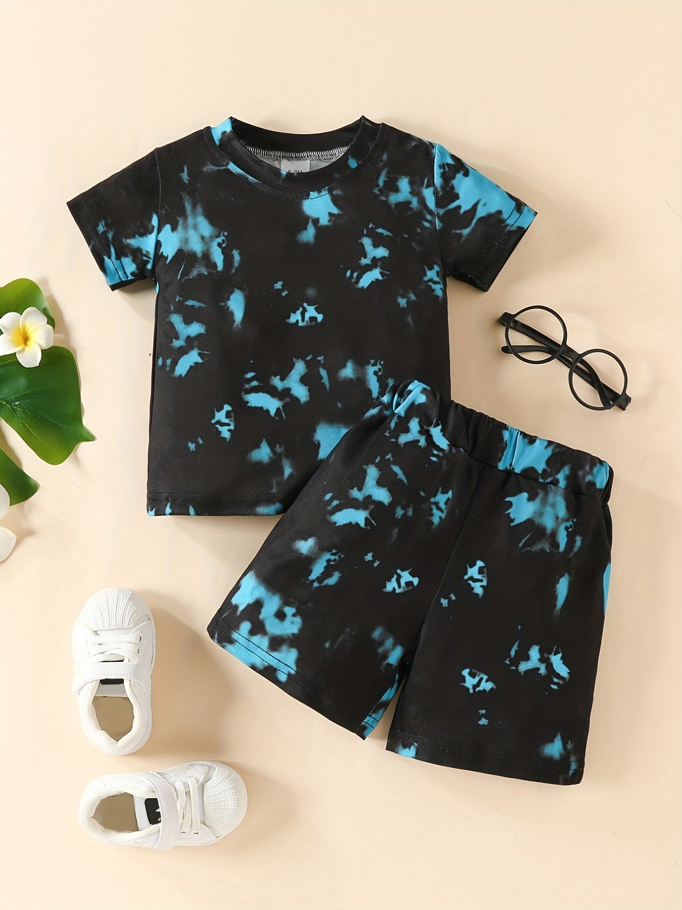 2pcs Boys And Girls Chic Tie Dye Round Neck T-shirt & Shorts Outdoor Set, Babies Toddlers Stretchy Comfy Trendy outdoor clothes