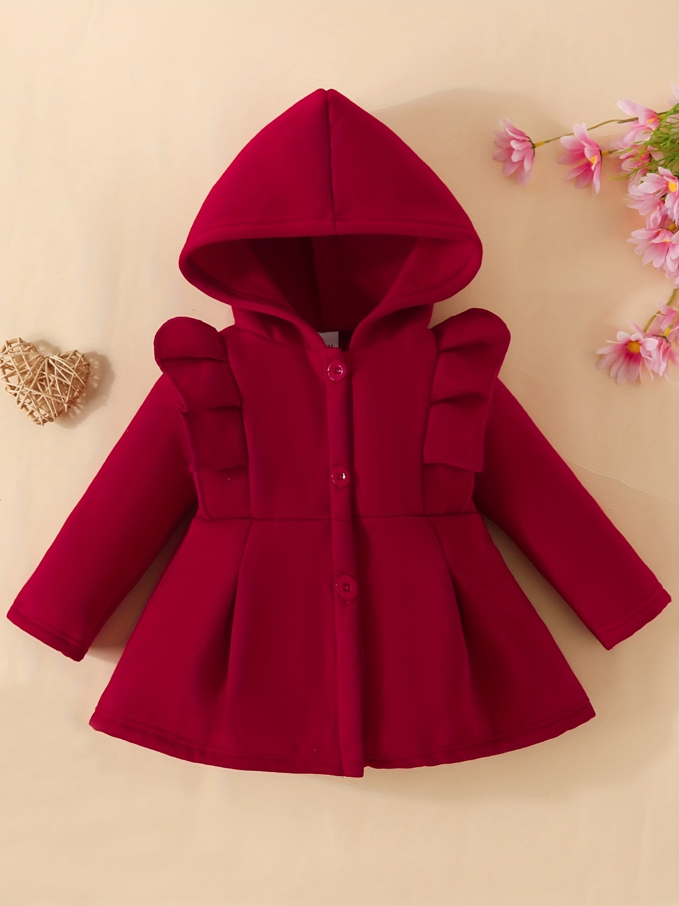 Baby Girl Ruffled Long Sleeve Fleece Hooded Single Breasted Coat, Kids Clothes Autumn And Winter (Recommended To Buy One Size Larger)