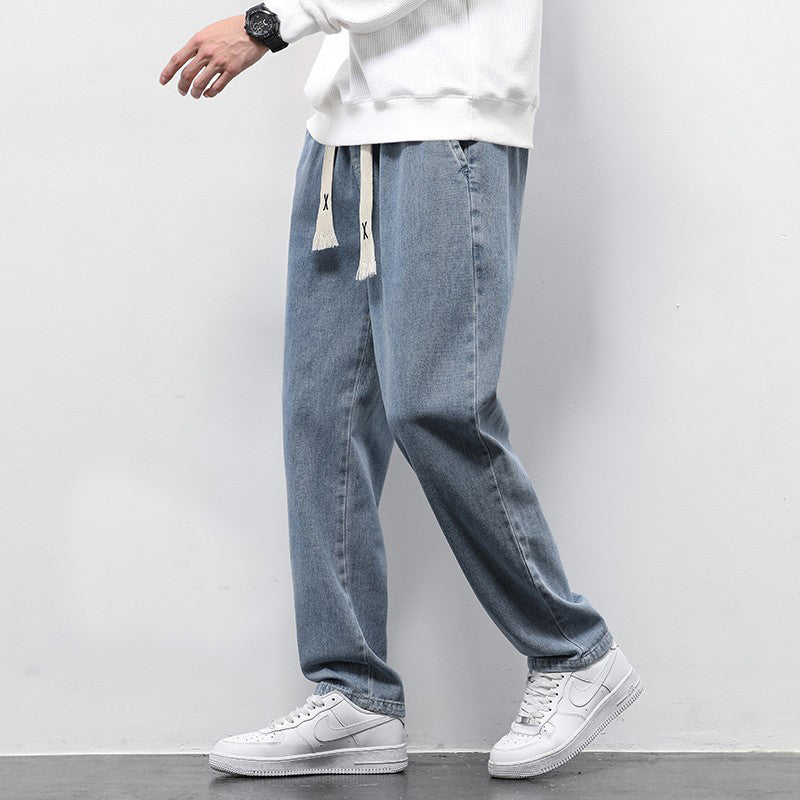 Summer Loose Wide Leg Jeans Pants Men Fashion Drawstring Elasticated Straight Trousers 