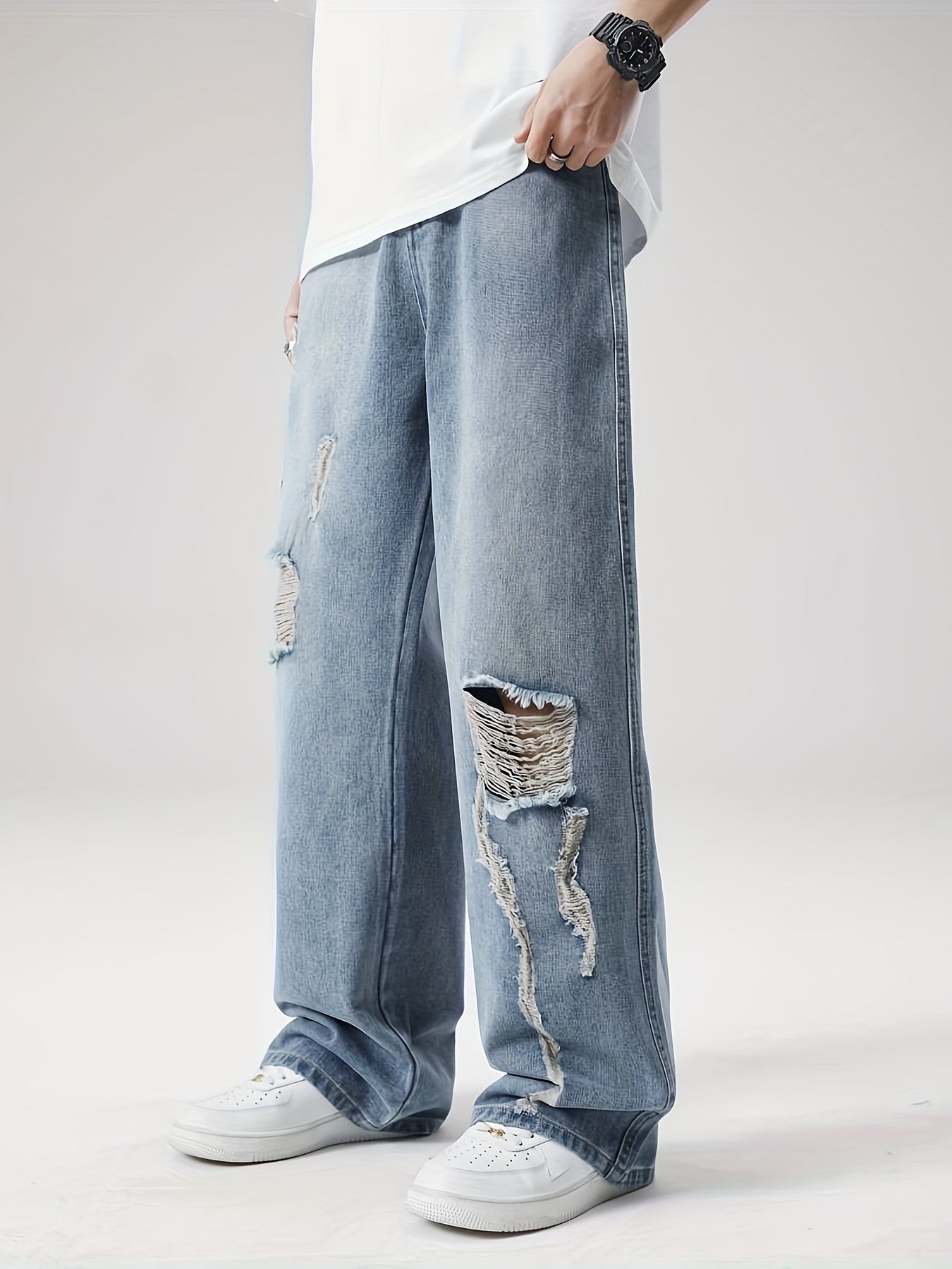 Mens Loose Fit Distressed Wide Leg Denim Jeans - Vintage Ripped Street Style Pants with Zipper, Non-Stretch Fabric, and Hand Wash Only - Perfect for Hip-Hop Fashion and All-Season Wear