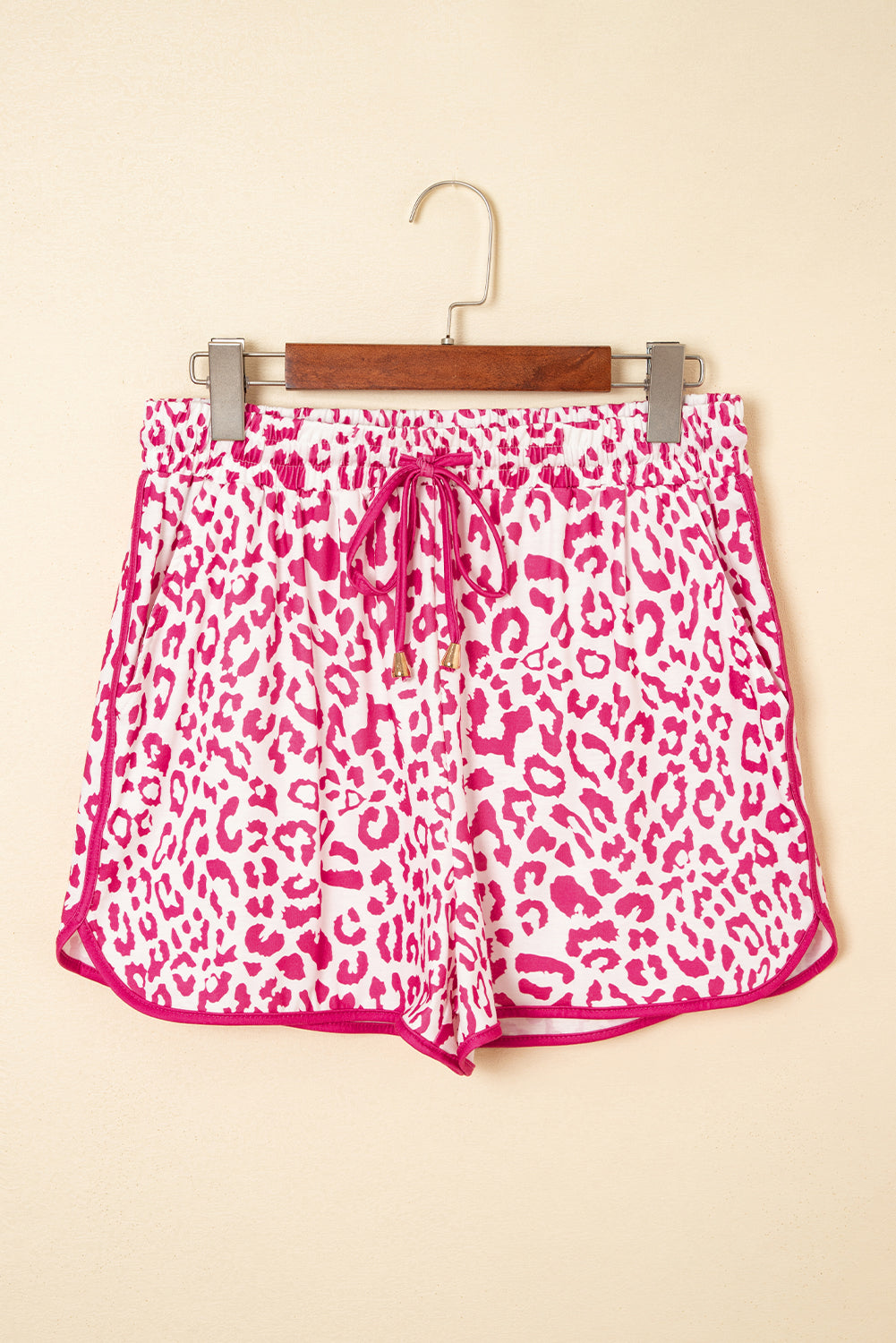 Pink Leopard Elastic Waist Lace up Contrast Trim Casual Shorts 