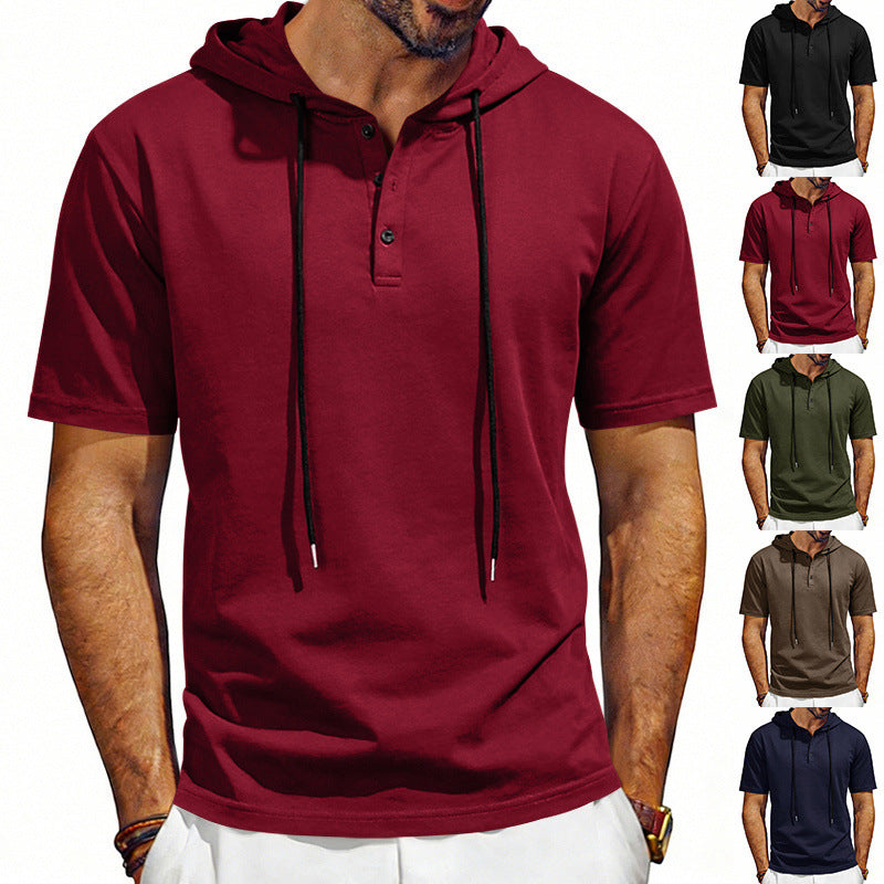 Men's Henley-Neck Drawstring Short-Sleeve Hoodie T-Shirt 