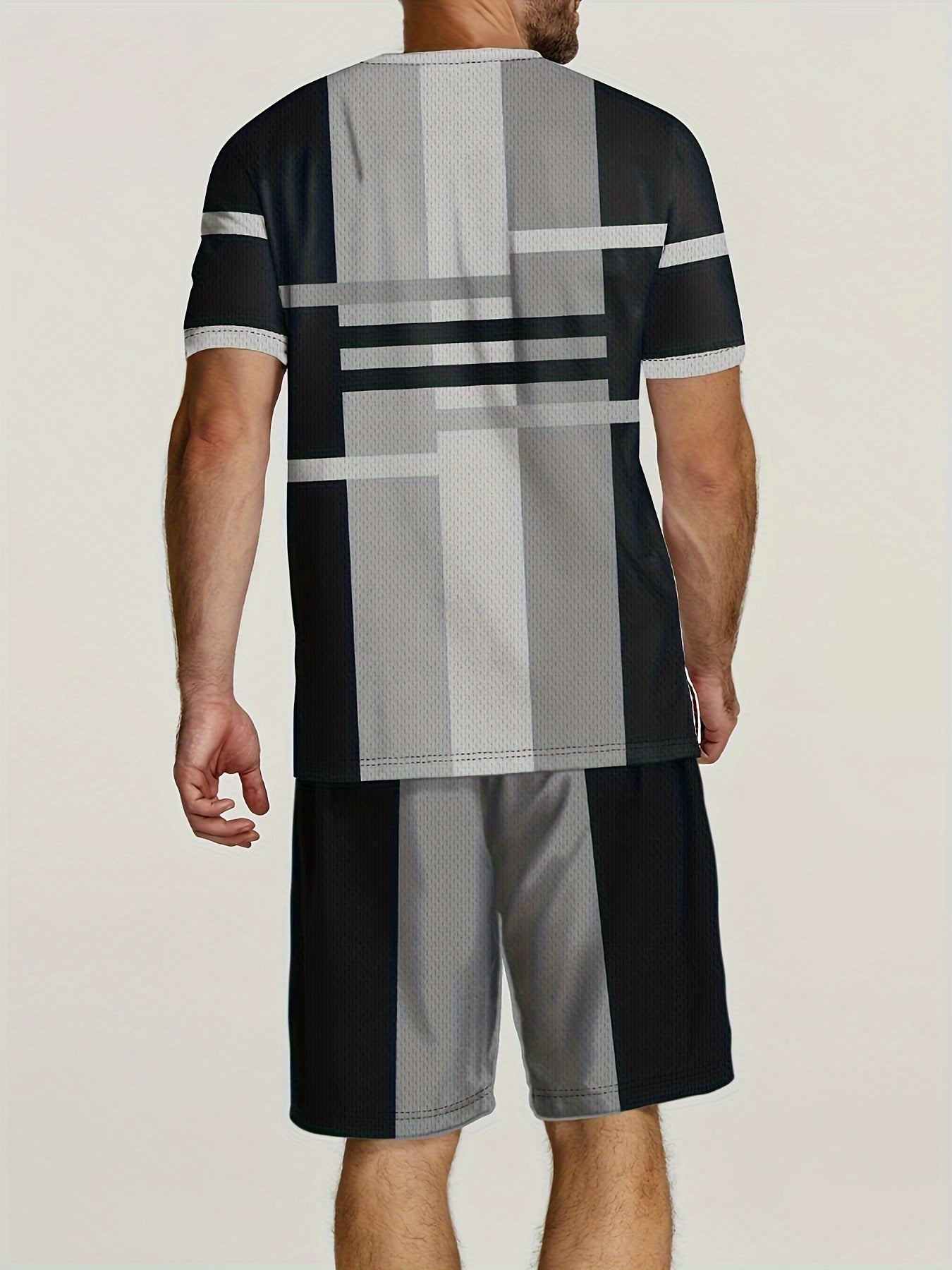 2-Piece Mens Casual Co-ord Set - Color Block Pattern Crew Neck Short Sleeve T-Shirt and Drawstring Shorts with Pockets - Machine Washable, Slight Stretch, Trendy and Chic for Summer Street and Workout Wear