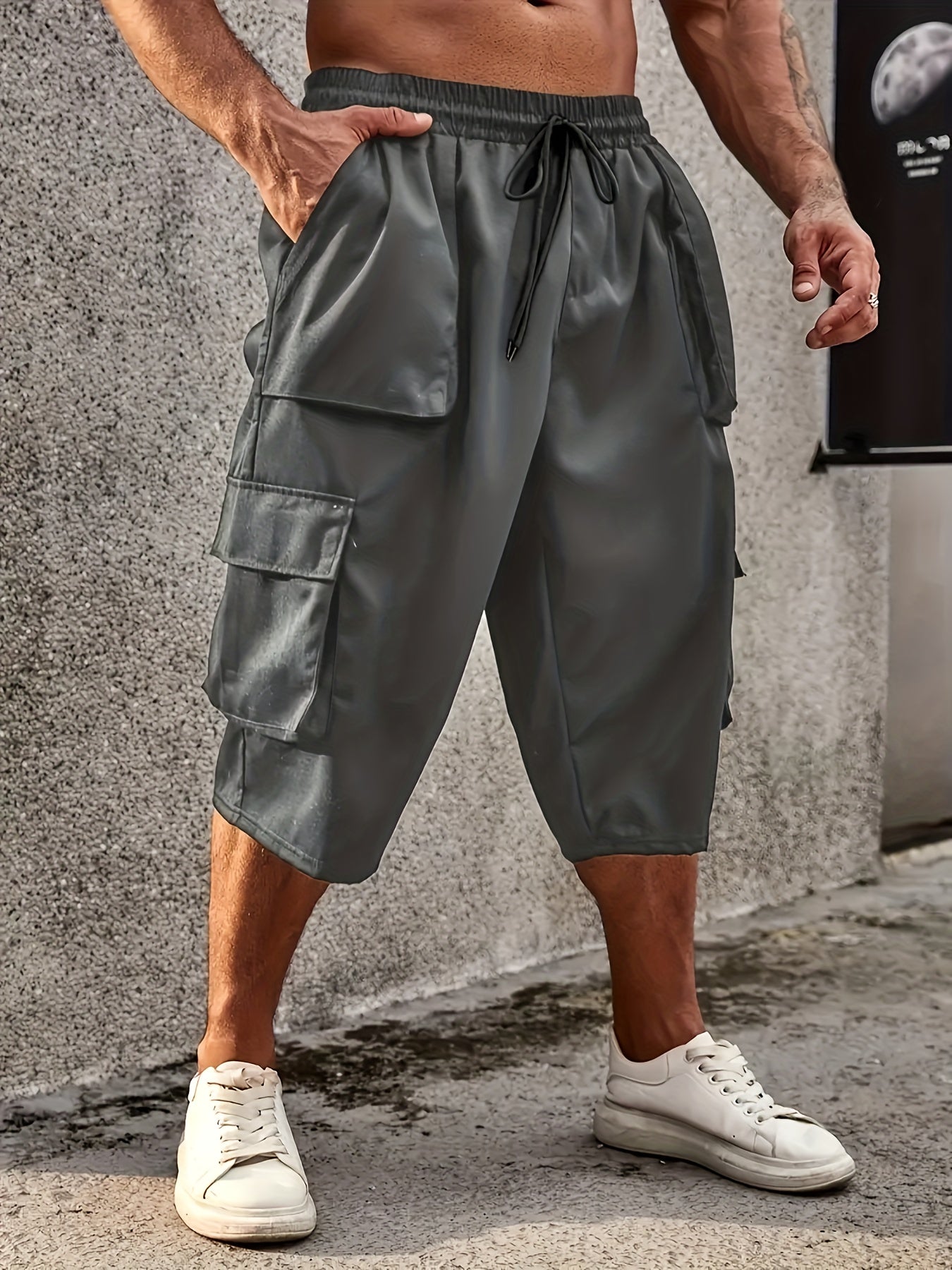 Plus Size Mens Large Casual Cargo Pants - Drawstring Waist, Loose Fit, Comfy Breathable Polyester Fabric, Multiple Pockets, Machine Washable, Solid Color, Perfect for Basketball and Everyday Wear