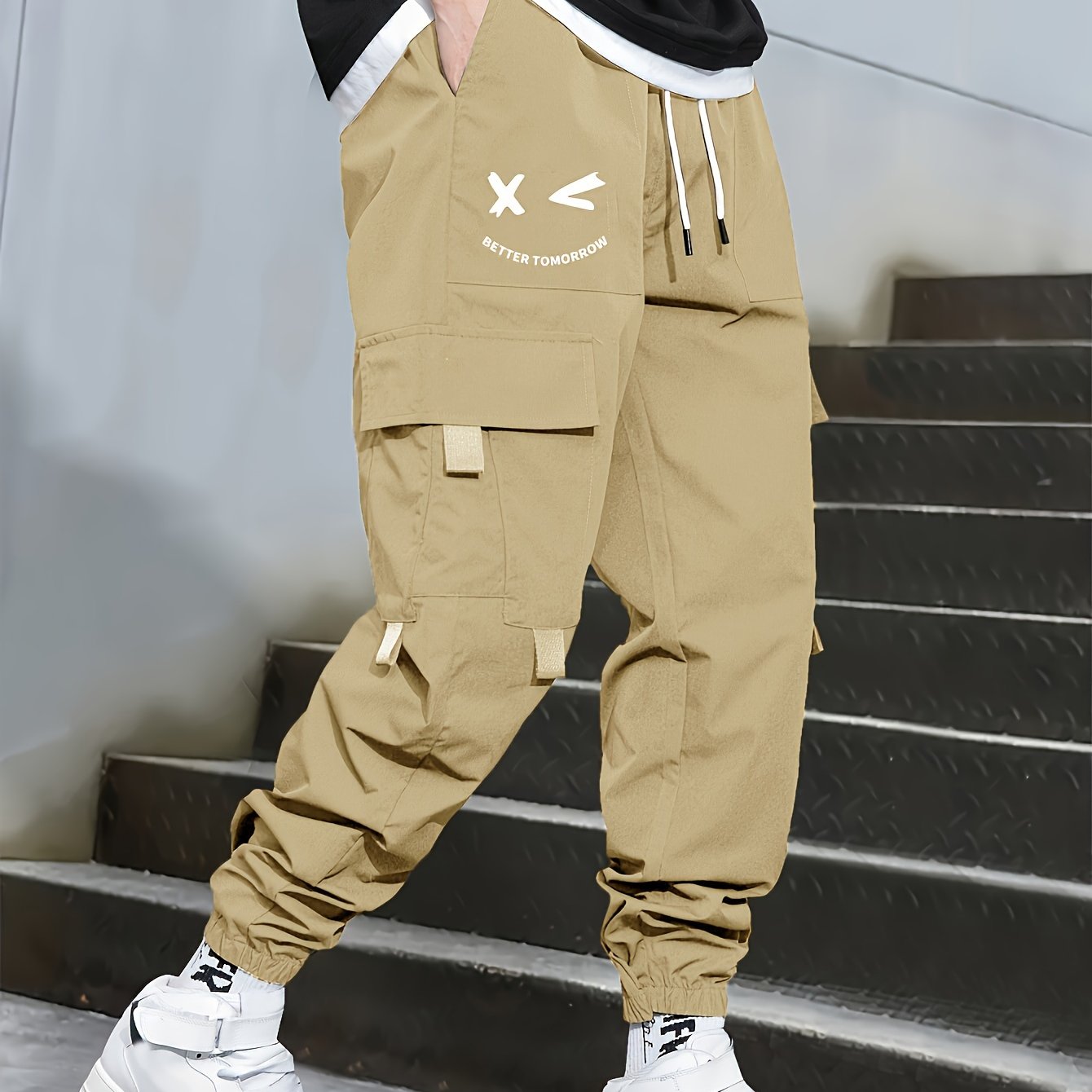 Mens Fashion-Forward Solid Cargo Pants - Abundant Flap Pockets, Loose Fit Drawstring Trousers - Durable Outdoor Work to Streetwear Hip Hop Style