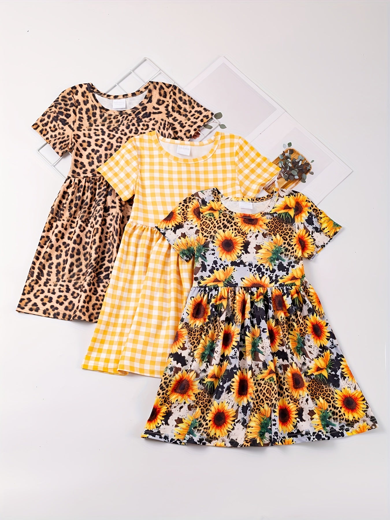 3pcs/set 3-Piece Sunflower and Polka Dot Stripe Princess Dress Set for Girls, Toddler Summer Clothes for Beach Vacation Party