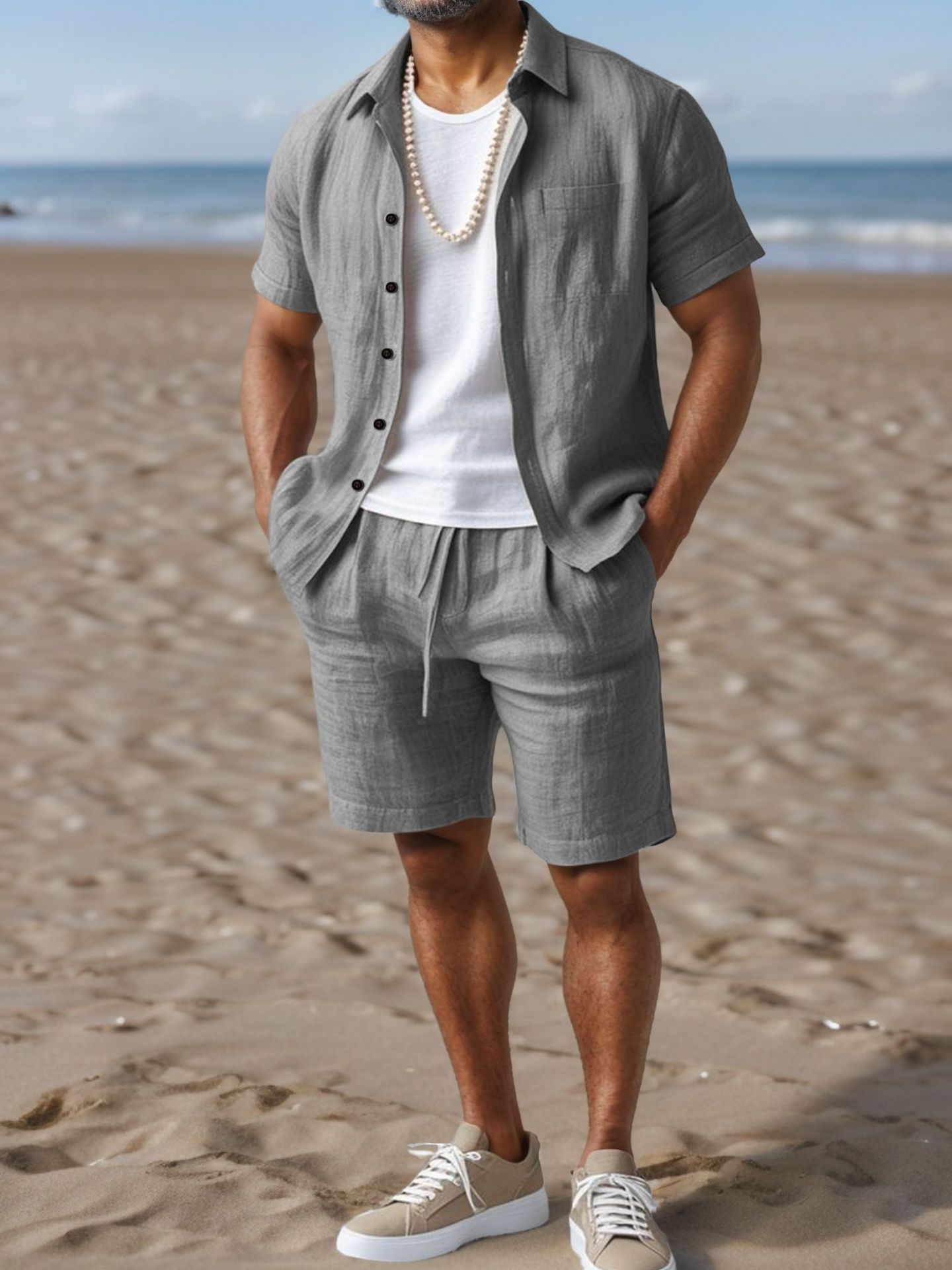 Men's Casual Linen Loose-Fit Button-Up Shirt With Lapel Collar 