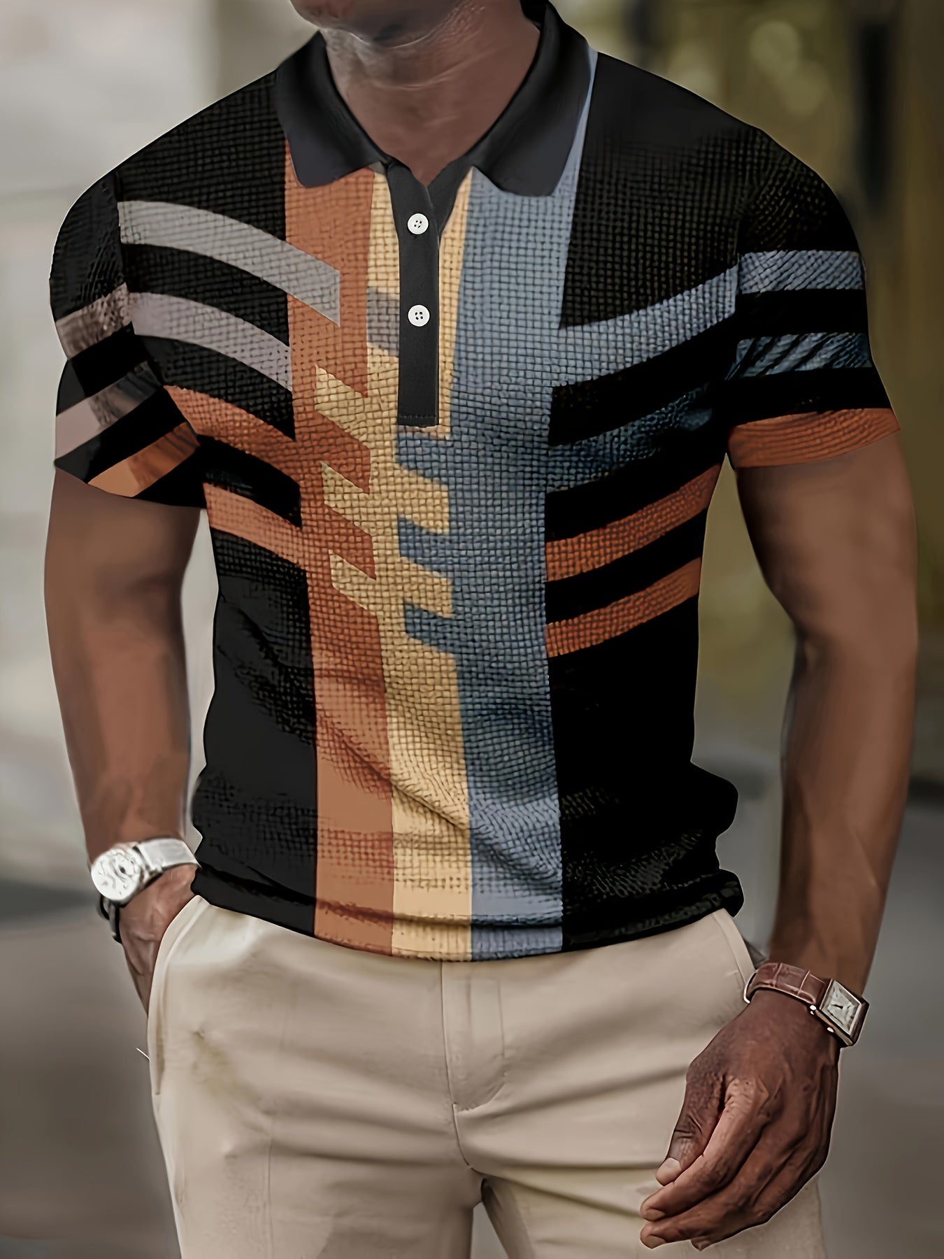 1/4 Button Short Sleeve Lapel Shirt - Stretchy, Breathable, Striped Polyester Fabric for Mens Fitness Training and Casual Wear - Spring/Fall Season, Regular Fit, Knit Fabric