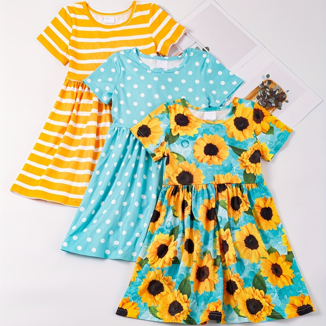 3pcs/set 3-Piece Sunflower and Polka Dot Stripe Princess Dress Set for Girls, Toddler Summer Clothes for Beach Vacation Party