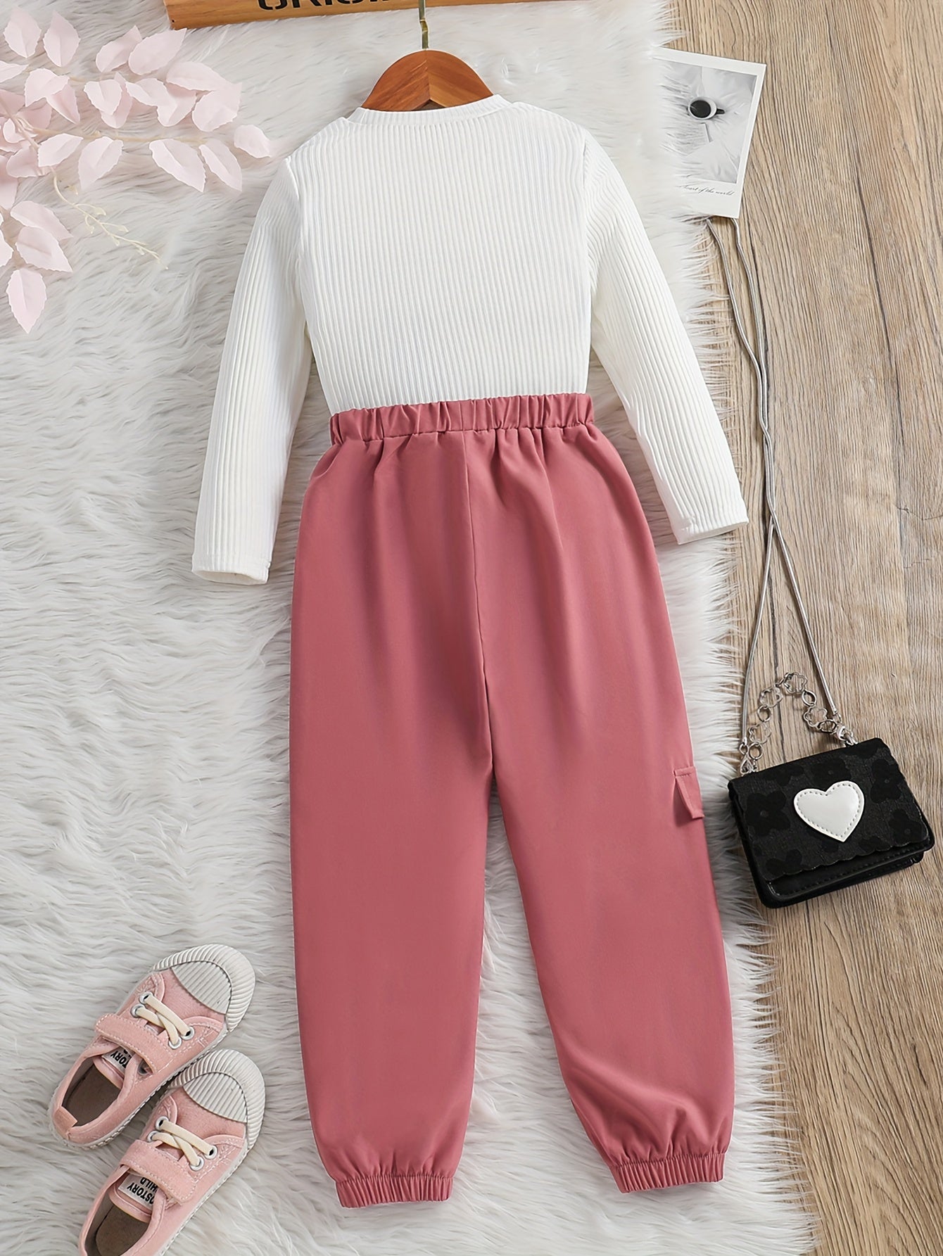 2pcs Girl's Cargo Pants Outfit, Ribbed Long Sleeve Top & Trendy Cargo Pants Set, Toddler Kid's Clothes For Spring Fall