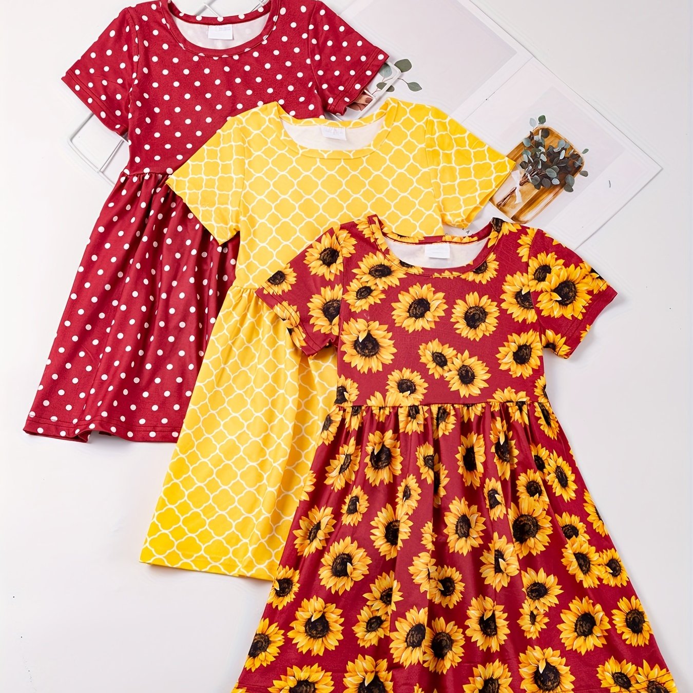 3pcs/set 3-Piece Sunflower and Polka Dot Stripe Princess Dress Set for Girls, Toddler Summer Clothes for Beach Vacation Party