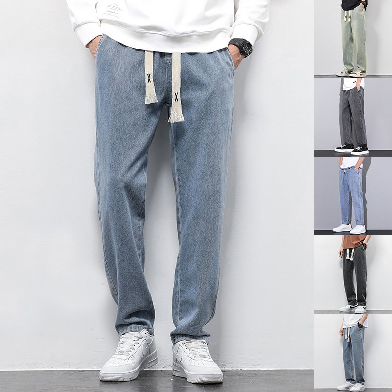 Summer Loose Wide Leg Jeans Pants Men Fashion Drawstring Elasticated Straight Trousers 