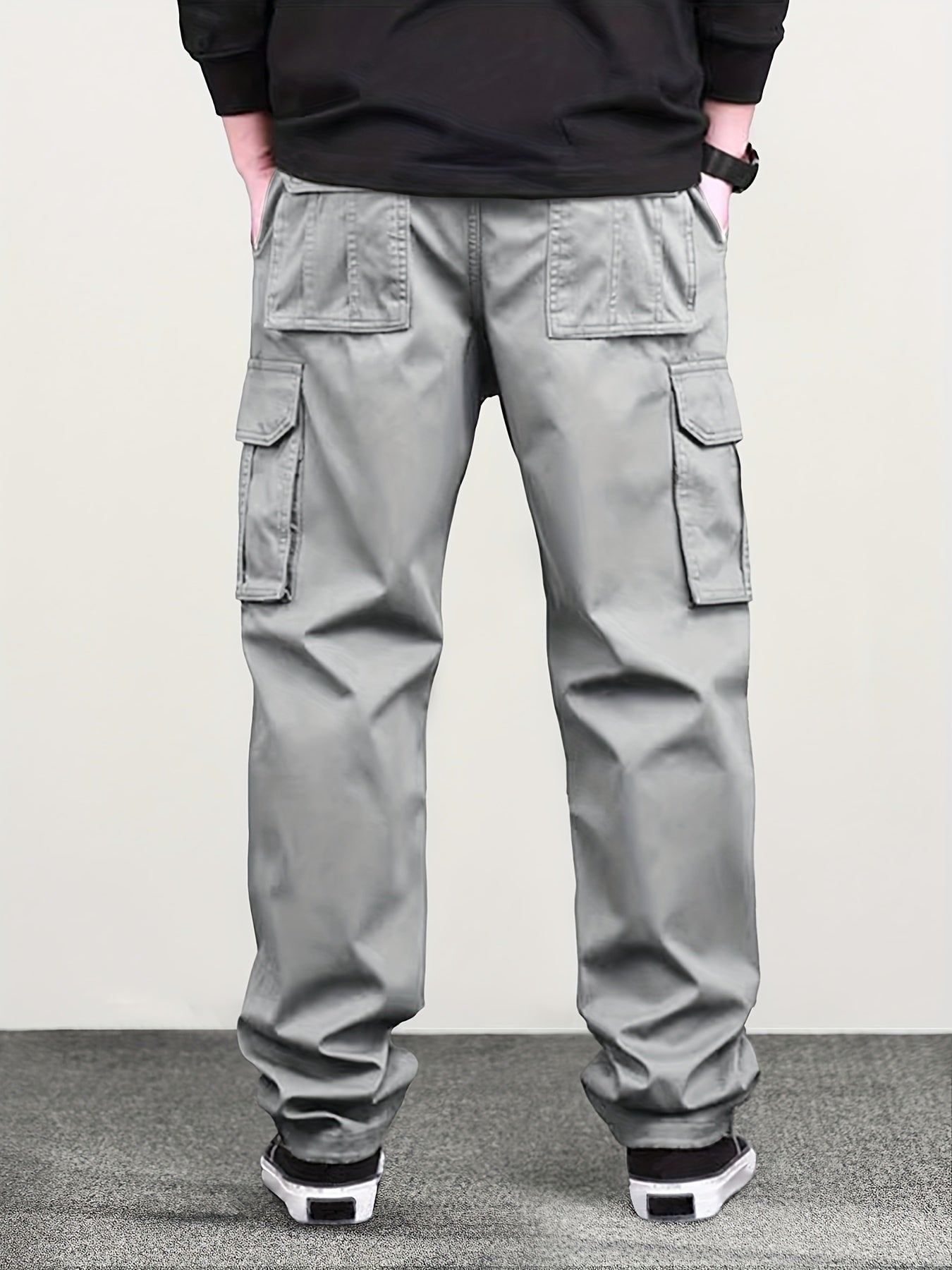 Mens Classic Solid Color Cargo Pants - Multiple Flap Pockets, Straight-Leg, Drawstring Elastic Waist, Loose Fit for Ultimate Comfort - Perfect for Hiking, Fishing, Streetwear, Outdoor Camping, Weekend Casual Style, All-Season