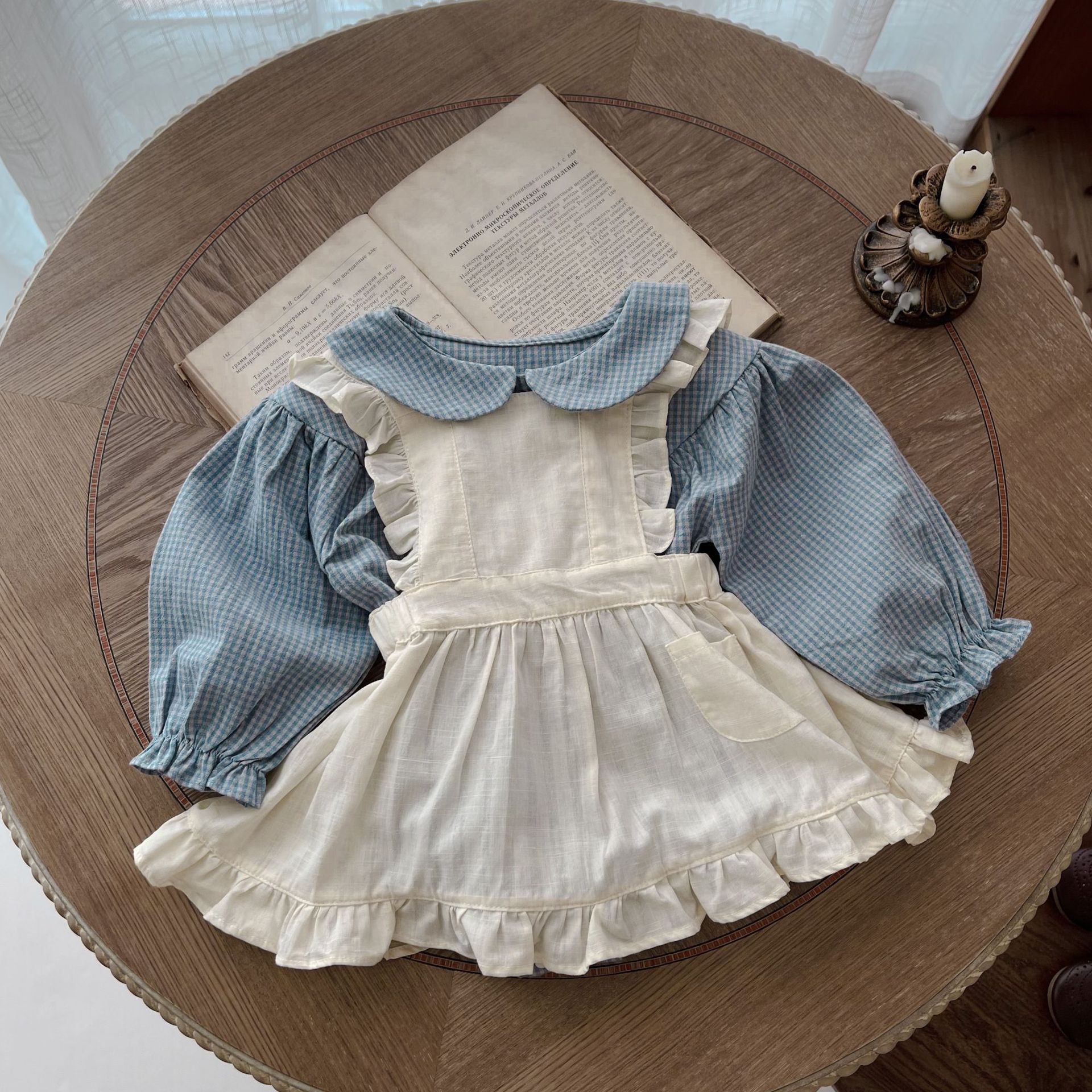 Infant Single-breasted Long Sleeve Small Plaid Romper Sling Small Overskirt 