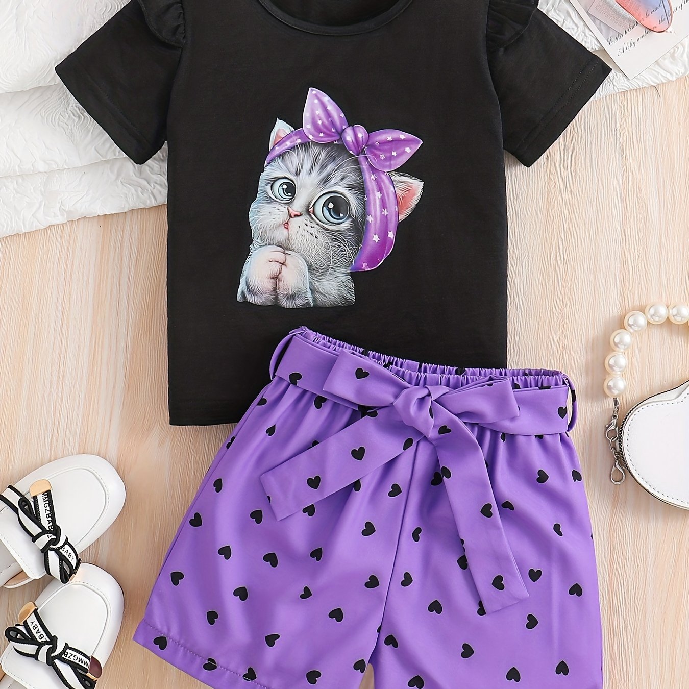 2pcs Toddler Girls Cute Cartoon Bow Cat Graphic Ruffle Trim T-Shirts Casual Round Neck Tees Top & Heart Graphic Belted Shorts Set Kids Summer Clothes