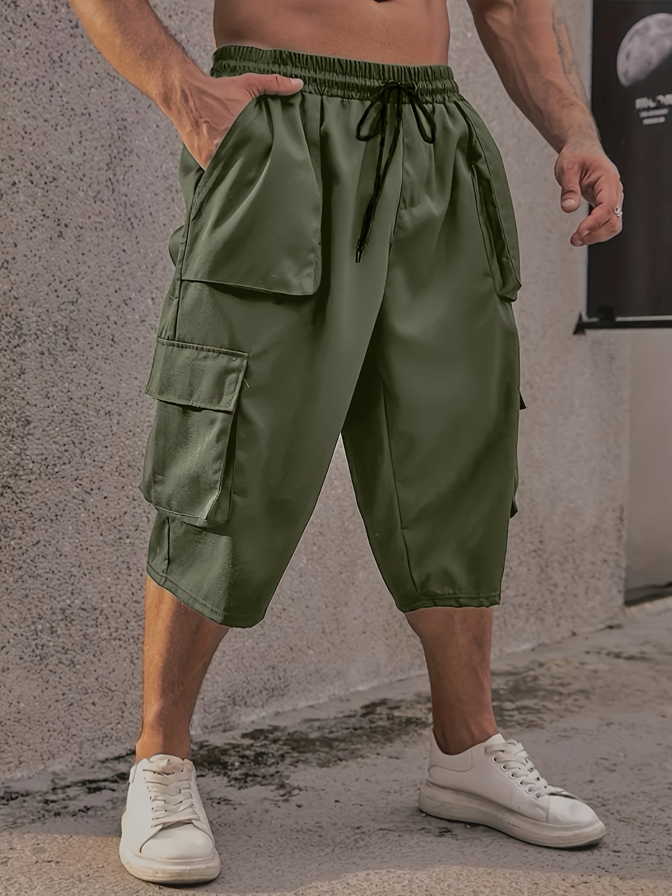 Plus Size Mens Large Casual Cargo Pants - Drawstring Waist, Loose Fit, Comfy Breathable Polyester Fabric, Multiple Pockets, Machine Washable, Solid Color, Perfect for Basketball and Everyday Wear