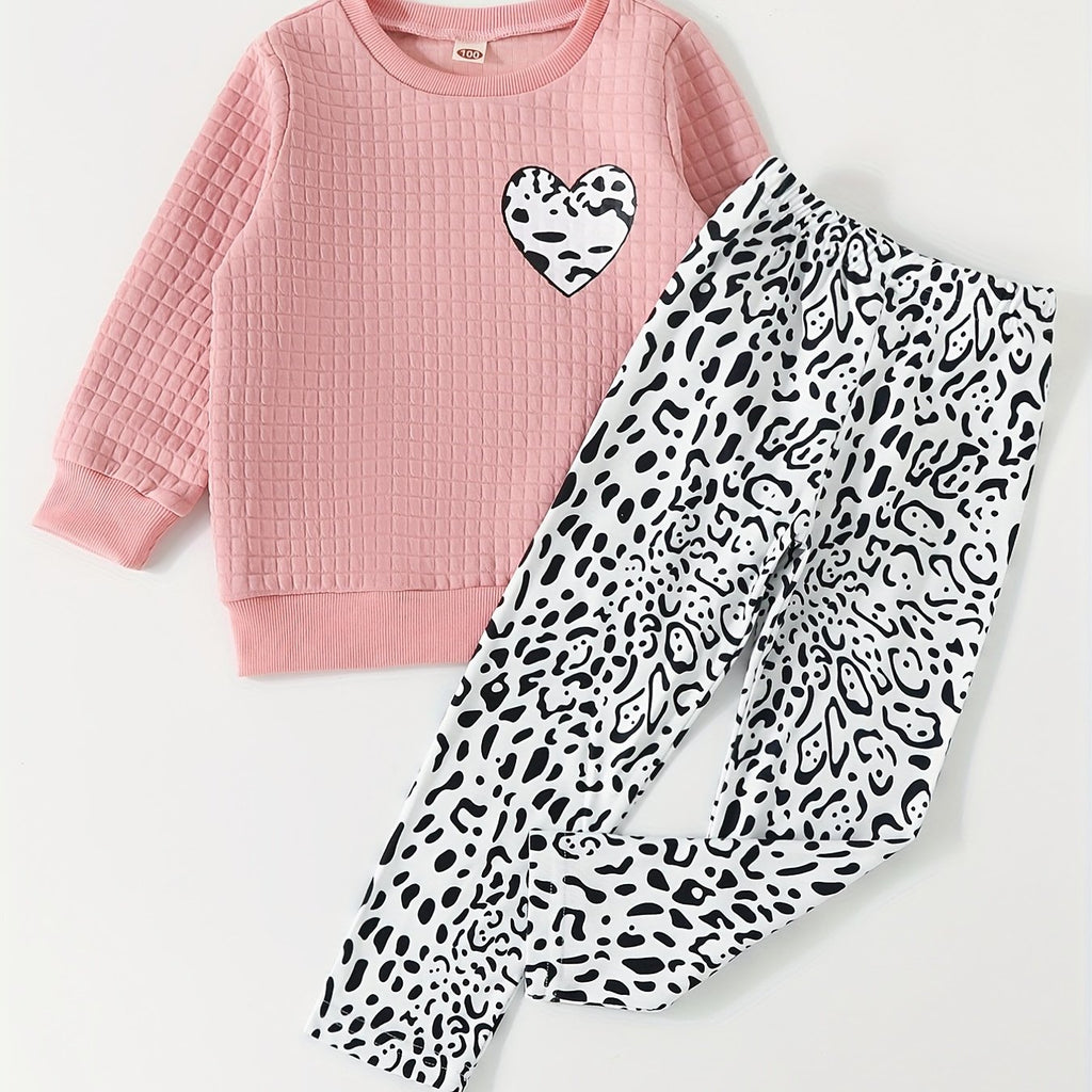 2pcs Girl's Trendy Outfit, Heart Pattern Sweatshirt & Leopard Allover Print Pants Set, Casual Long Sleeve Top, Kid's Clothes For Spring Fall Winter