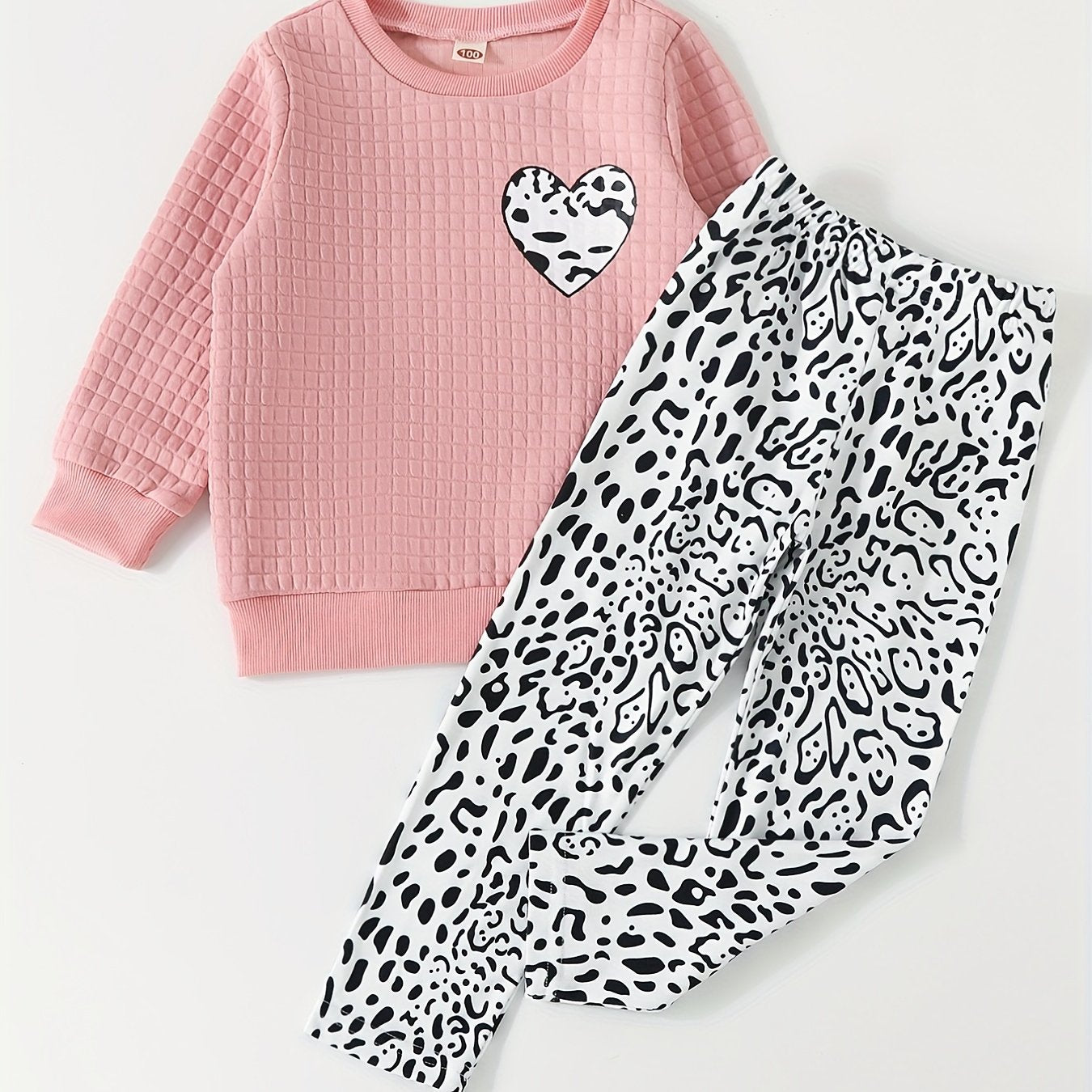 2pcs Girl's Trendy Outfit, Heart Pattern Sweatshirt & Leopard Allover Print Pants Set, Casual Long Sleeve Top, Kid's Clothes For Spring Fall Winter