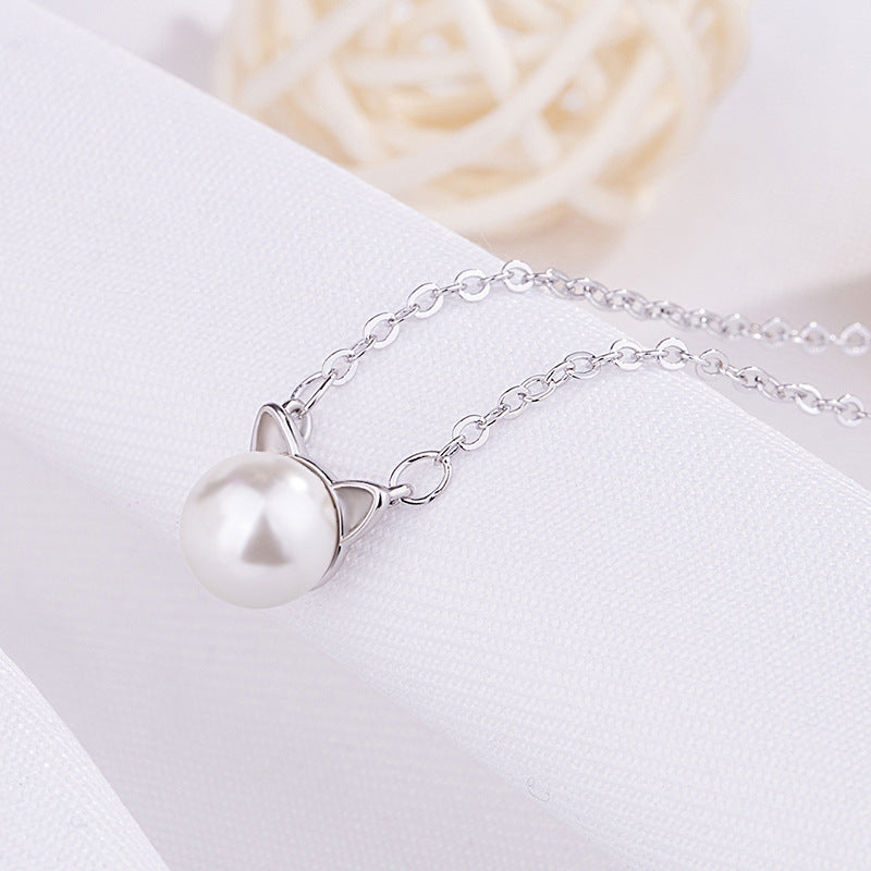 Sweet And Lovely Pearl Cat Ears Plated Platinum Short Necklace Temperament Kitten Clavicle Chain