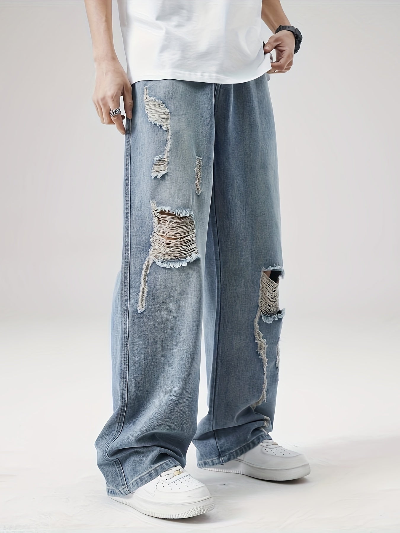 Mens Loose Fit Distressed Wide Leg Denim Jeans - Vintage Ripped Street Style Pants with Zipper, Non-Stretch Fabric, and Hand Wash Only - Perfect for Hip-Hop Fashion and All-Season Wear