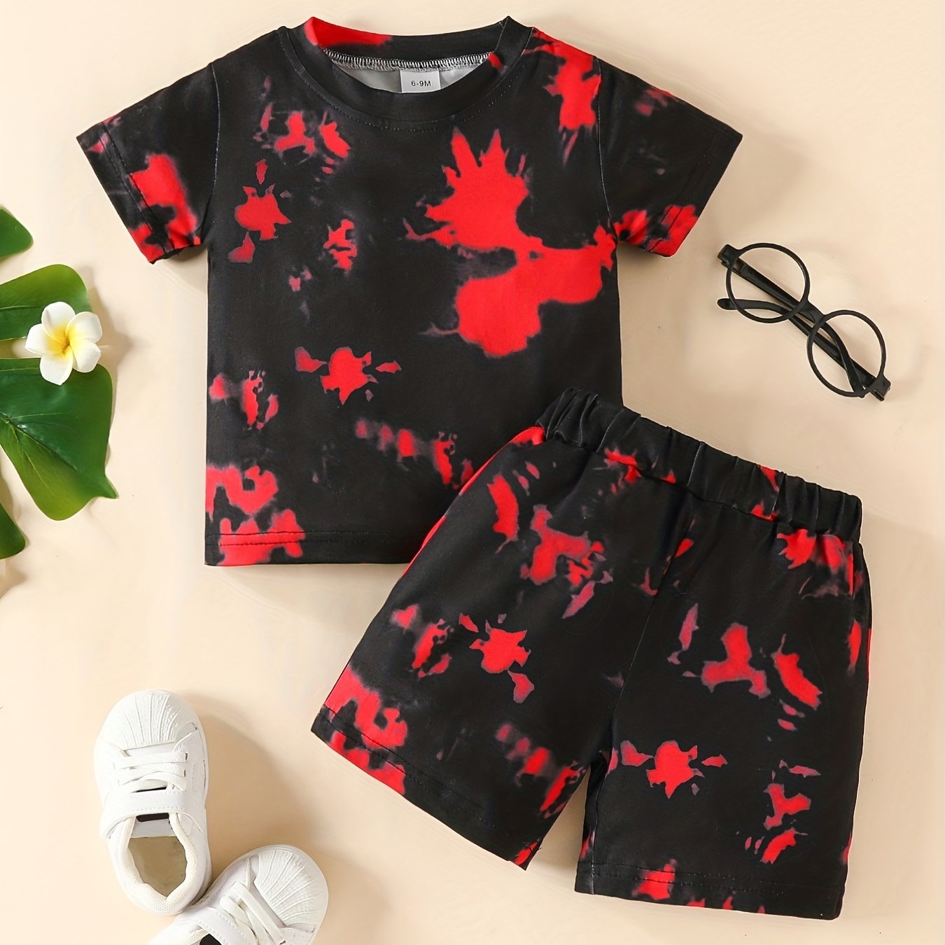 2pcs Boys And Girls Chic Tie Dye Round Neck T-shirt & Shorts Outdoor Set, Babies Toddlers Stretchy Comfy Trendy outdoor clothes