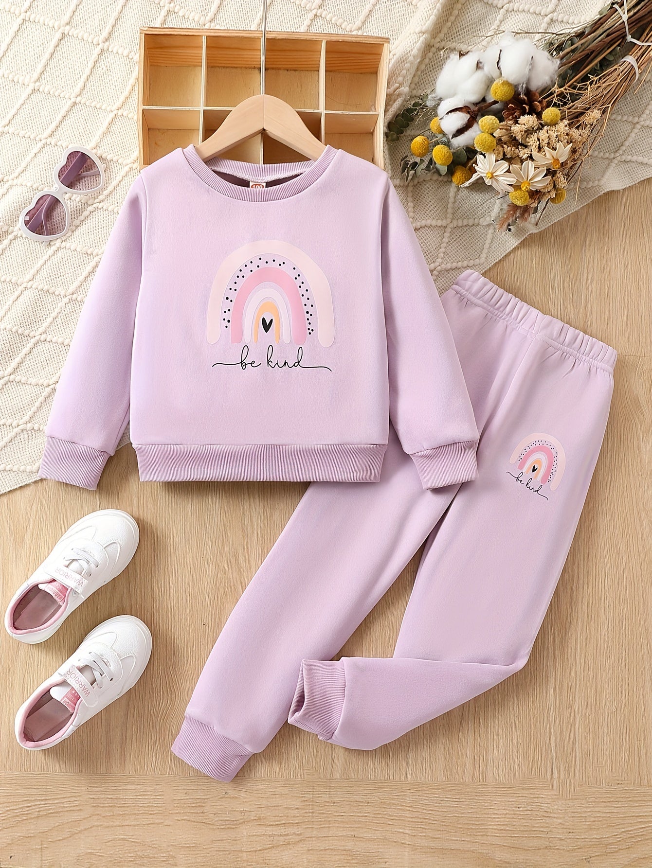 Girls 2pcs "Be Kind" And Rainbow Print Top & Jogger Pants Set, Thick Outfits Kids Clothes For Sports Spring Fall Winter