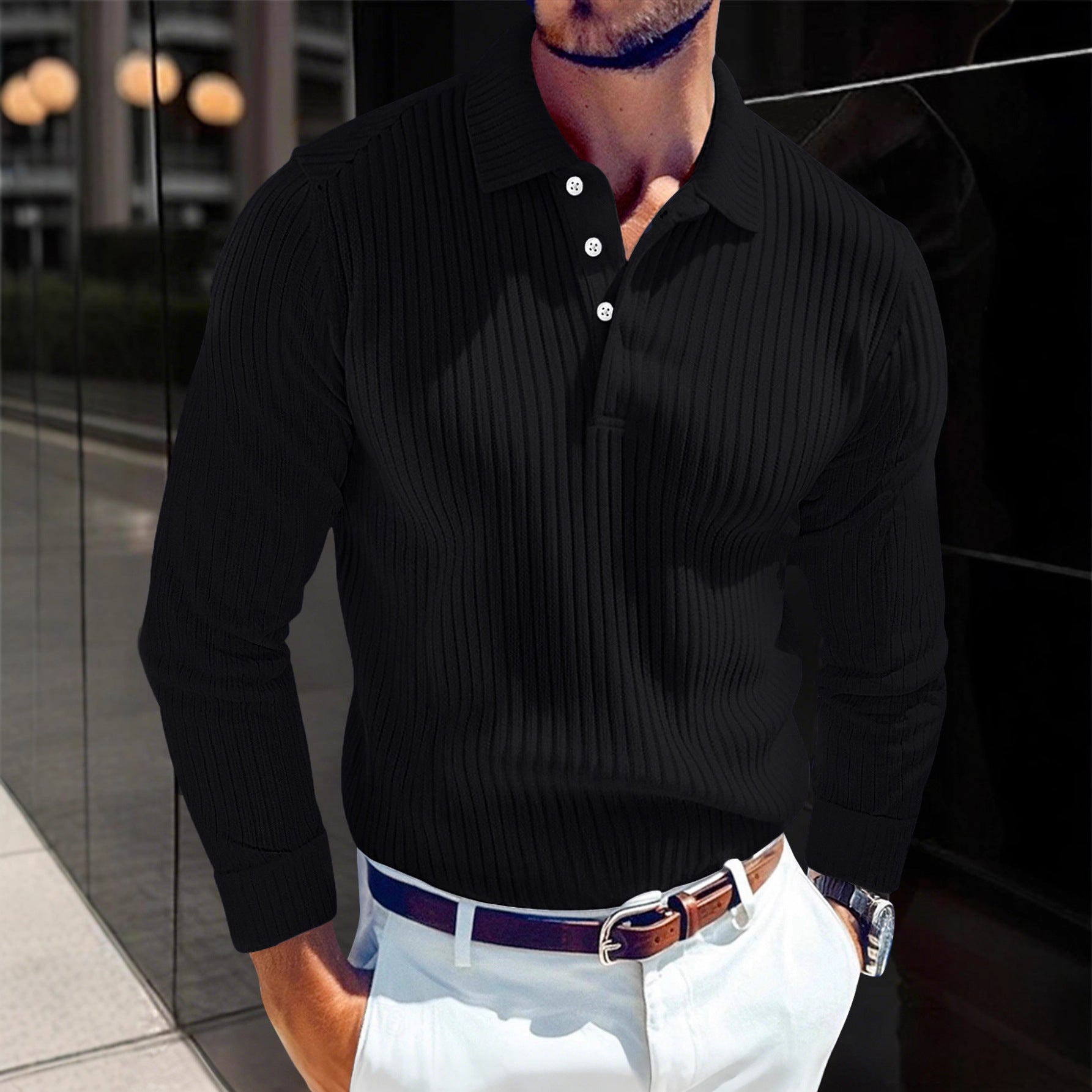 Men's Polo T-shirt With A Turn-down Collar Spring Summer Business Buttoned Long-sleeve Sports Retro Style Striped Polo Shirt For Daily Wear