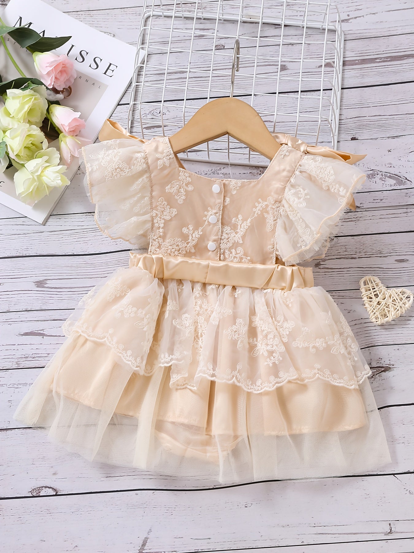 Baby Girls Elegant Fly Sleeve Bowknot Decor Lace Mesh Onesie Dress Clothes (One Size Larger), Coquette Style Summer Outdoor Clothes